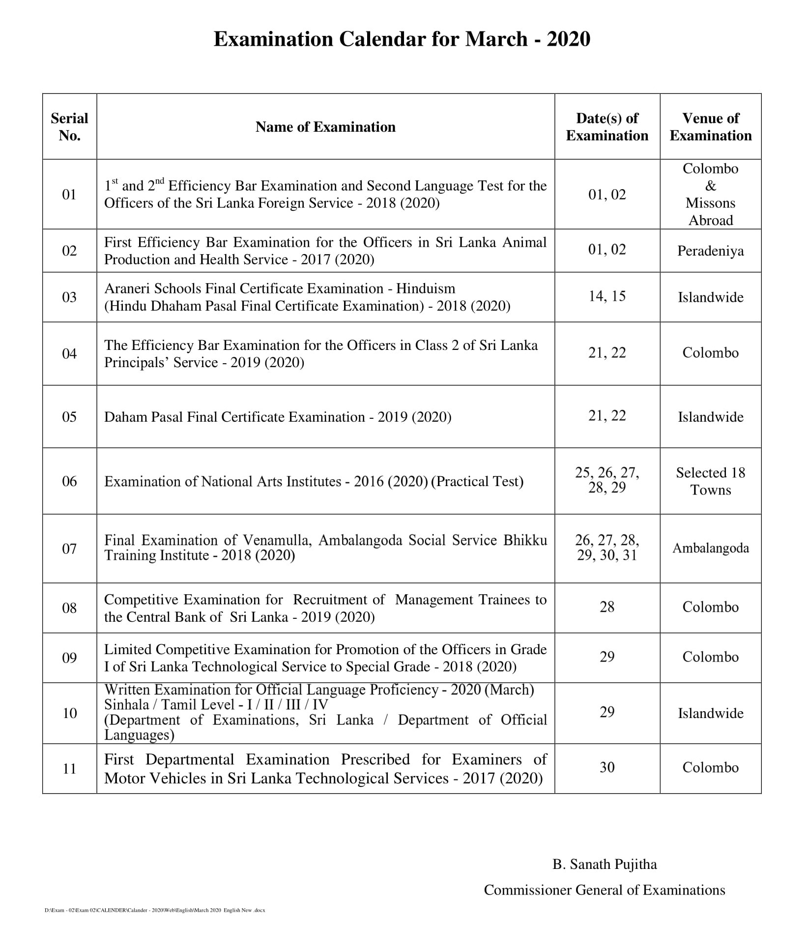 2020 March Exam Calendar - Department of Examination