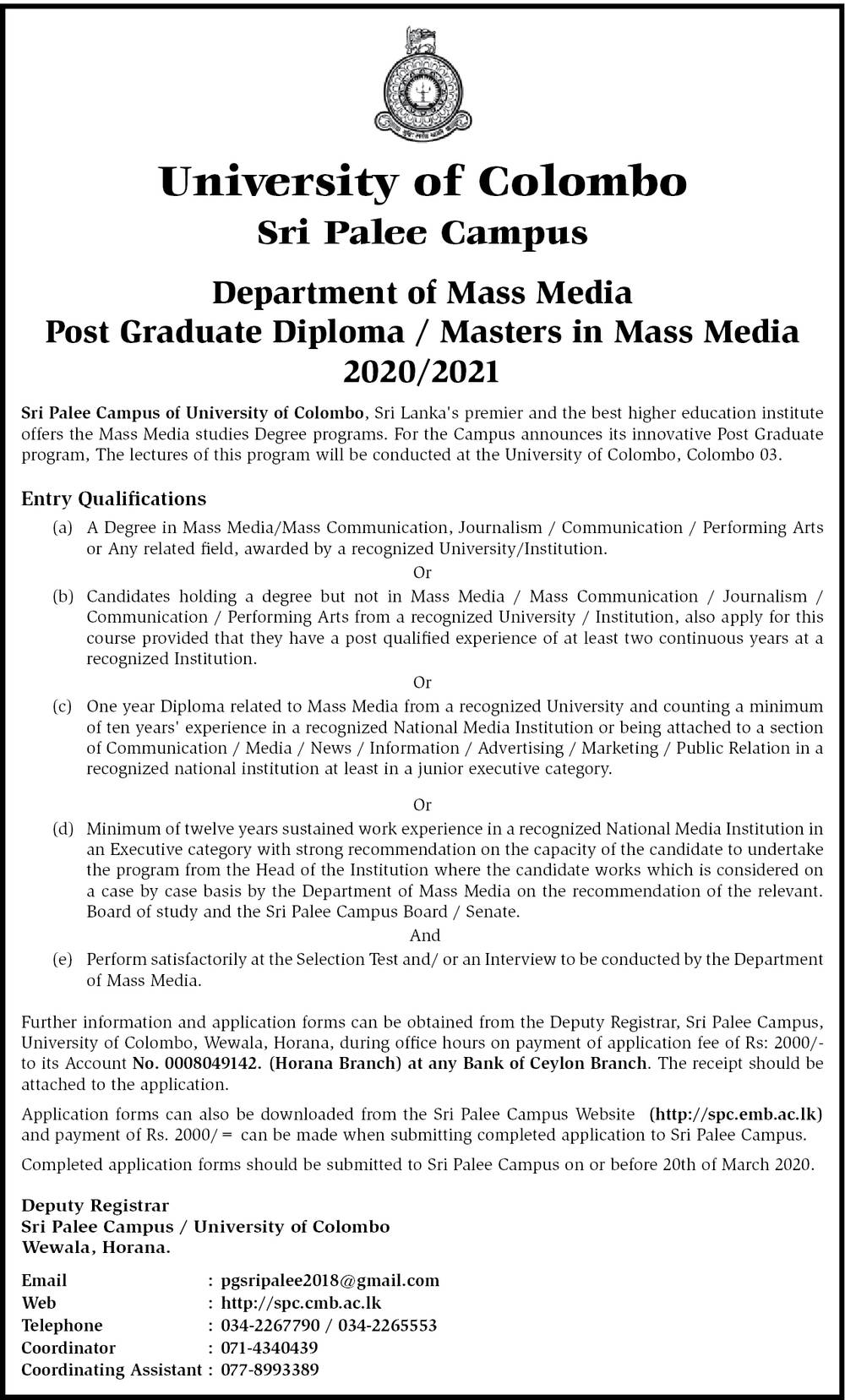 Post Graduate Diploma/Masters in Mass Media (2020/2021) - Department of Mass Media - University of Colombo