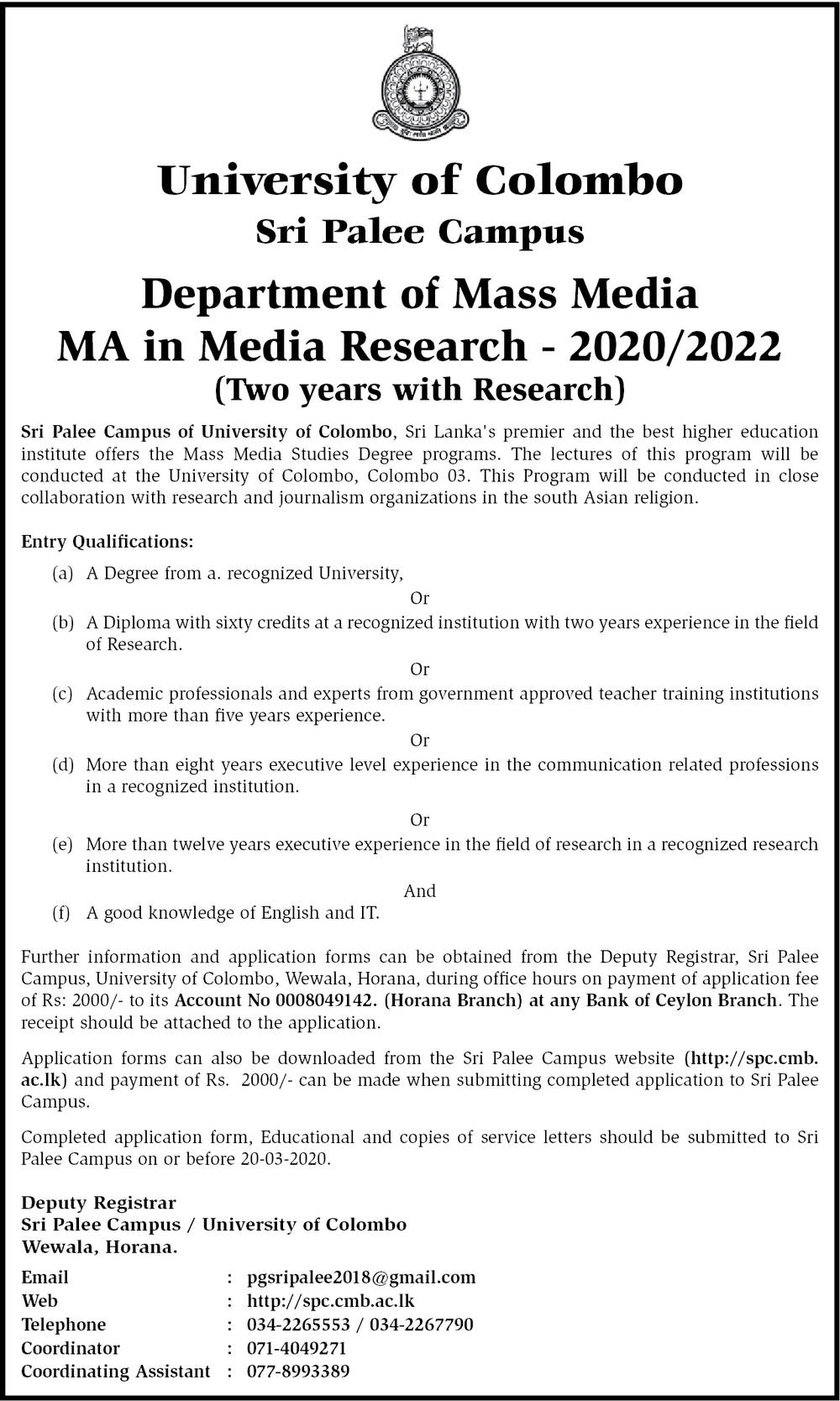 MA in Media Research (2020/2022) - Department of Mass Media - University of Colombo