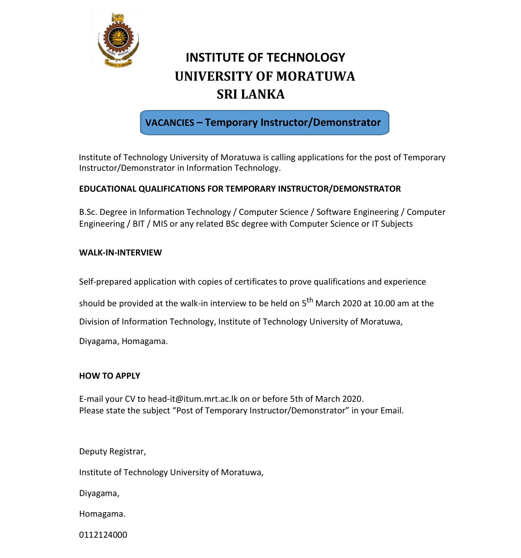 Instructor/Demonstrator - Institute of Technology - University of Moratuwa