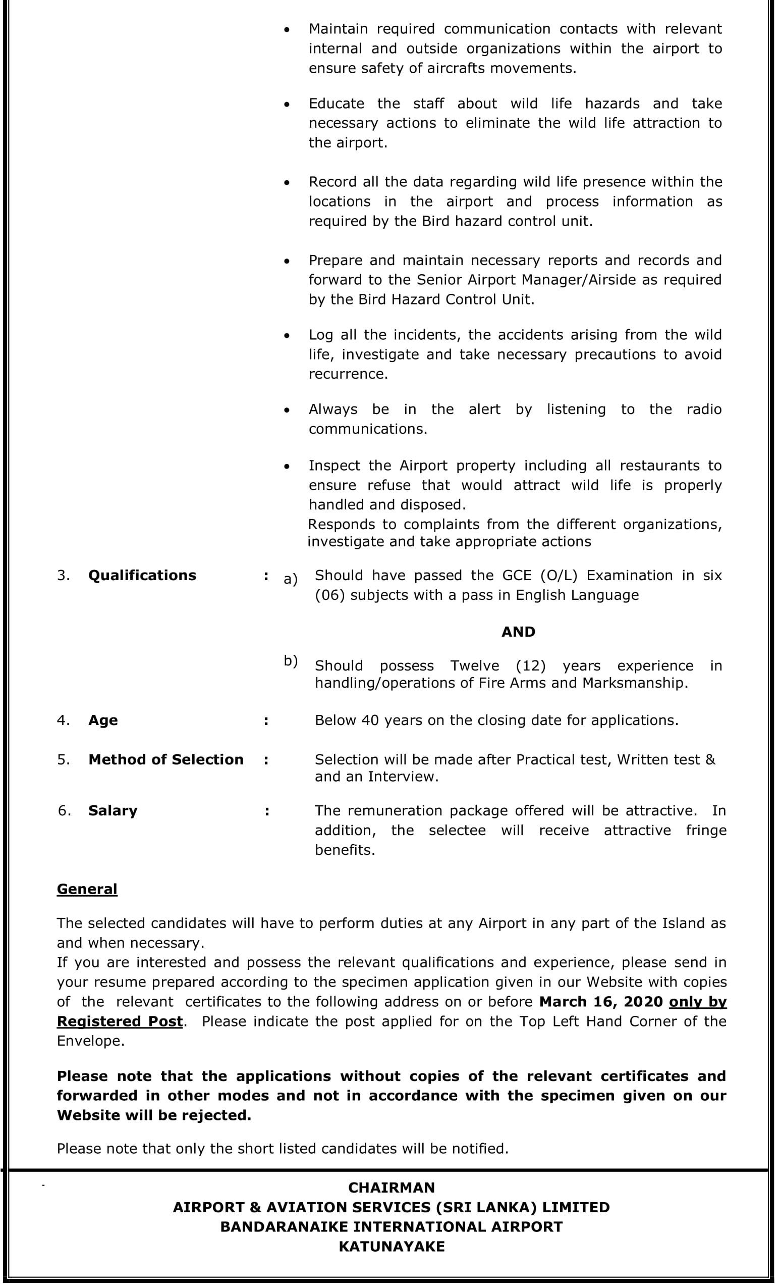 Animal/Bird Hazard Control Officer - Airport & Aviation Services (Sri Lanka) Ltd