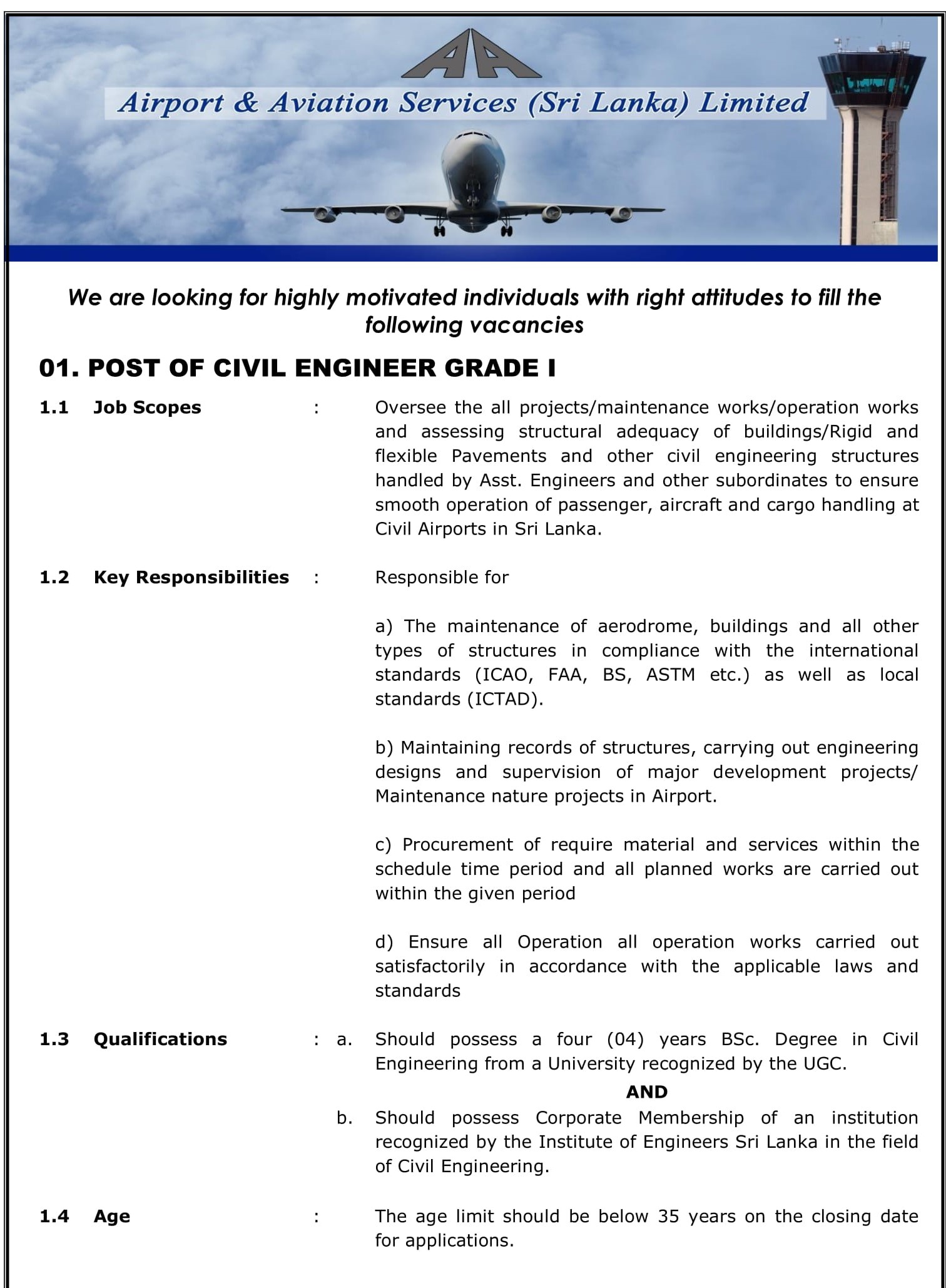 Engineer (Civil, Electrical, Electronics) - Airport & Aviation Services (Sri Lanka) Ltd