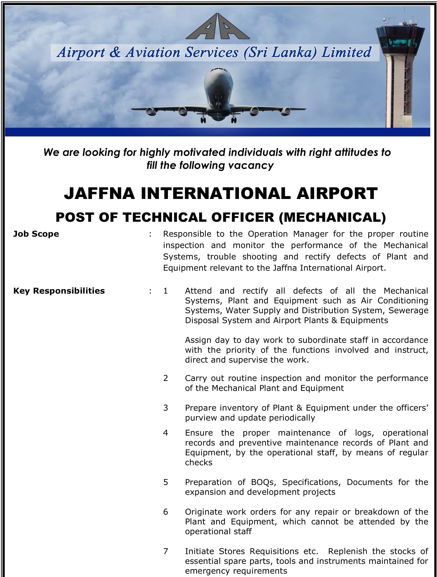 Technical Officer (Mechanical) - Airport & Aviation Services (Sri Lanka) Ltd