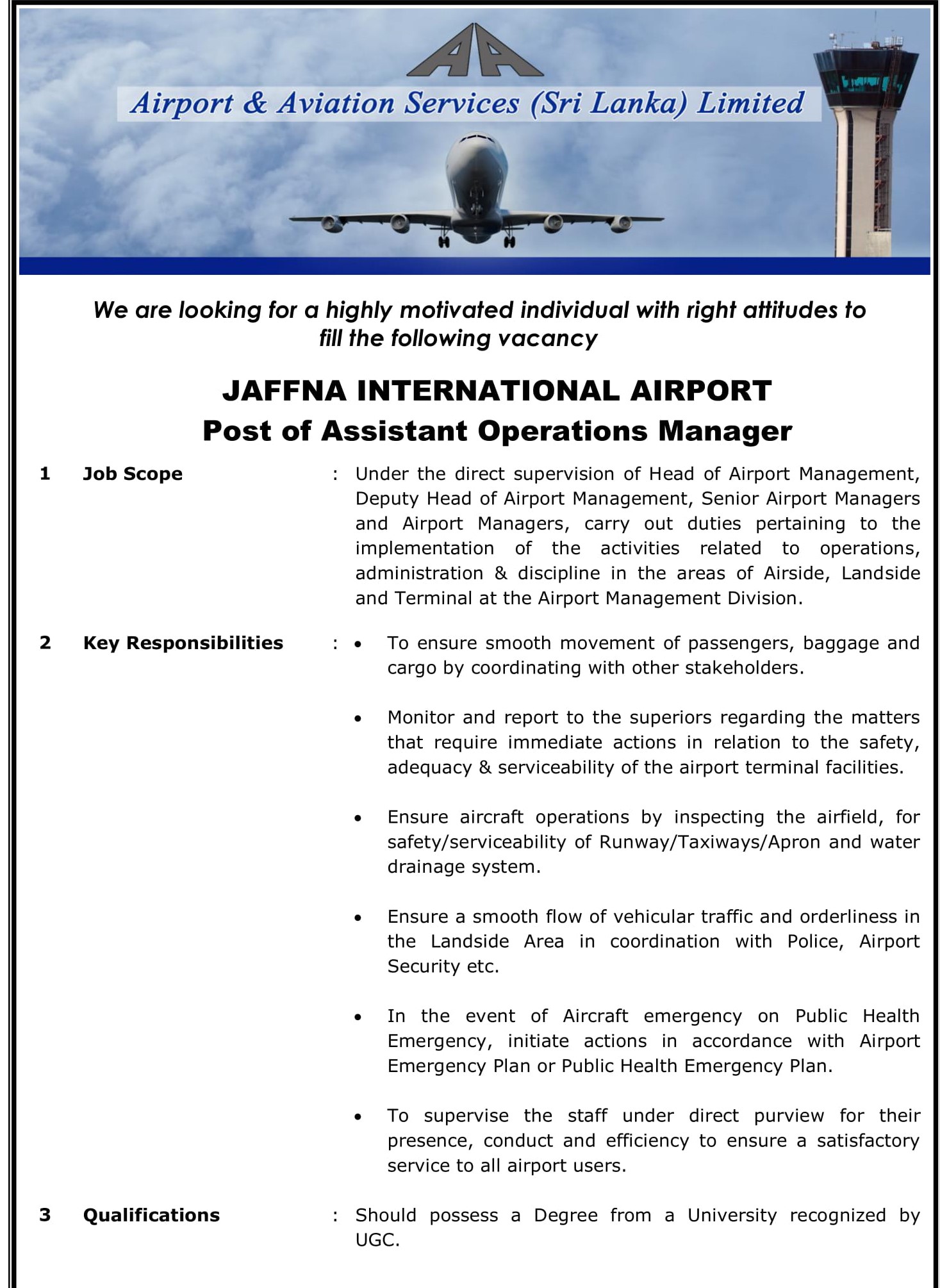 Assistant Operations Manager - Airport & Aviation Services (Sri Lanka) Ltd