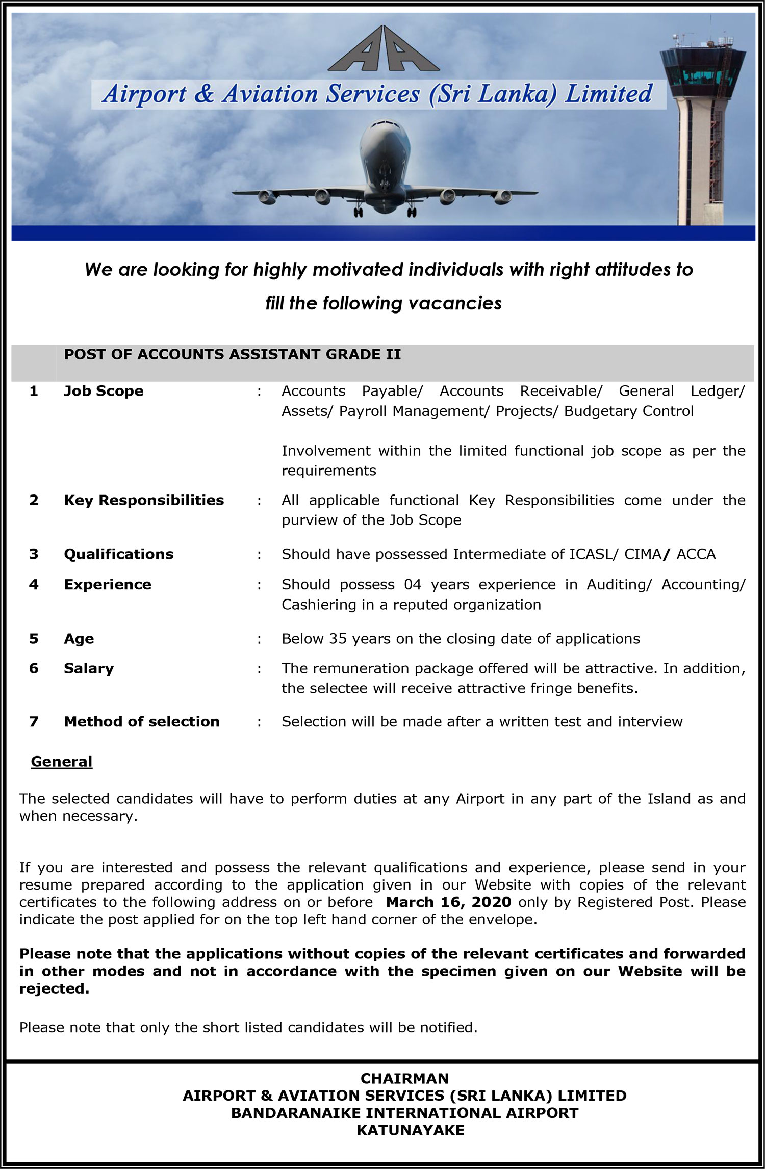 Accounts Assistant - Airport & Aviation Services (Sri Lanka) Ltd