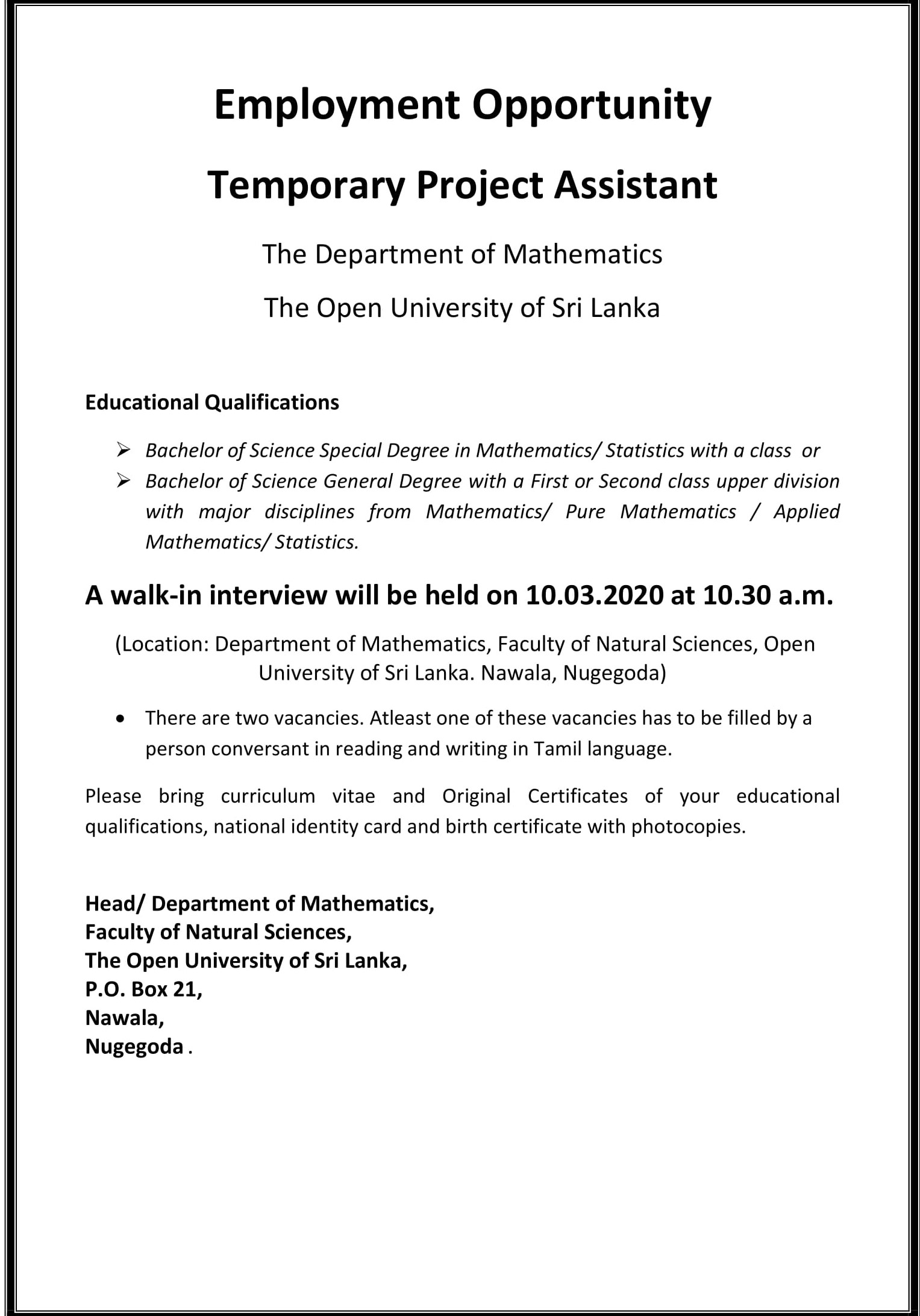 Academic Coordinator, Project Assistant - Open University of Sri Lanka