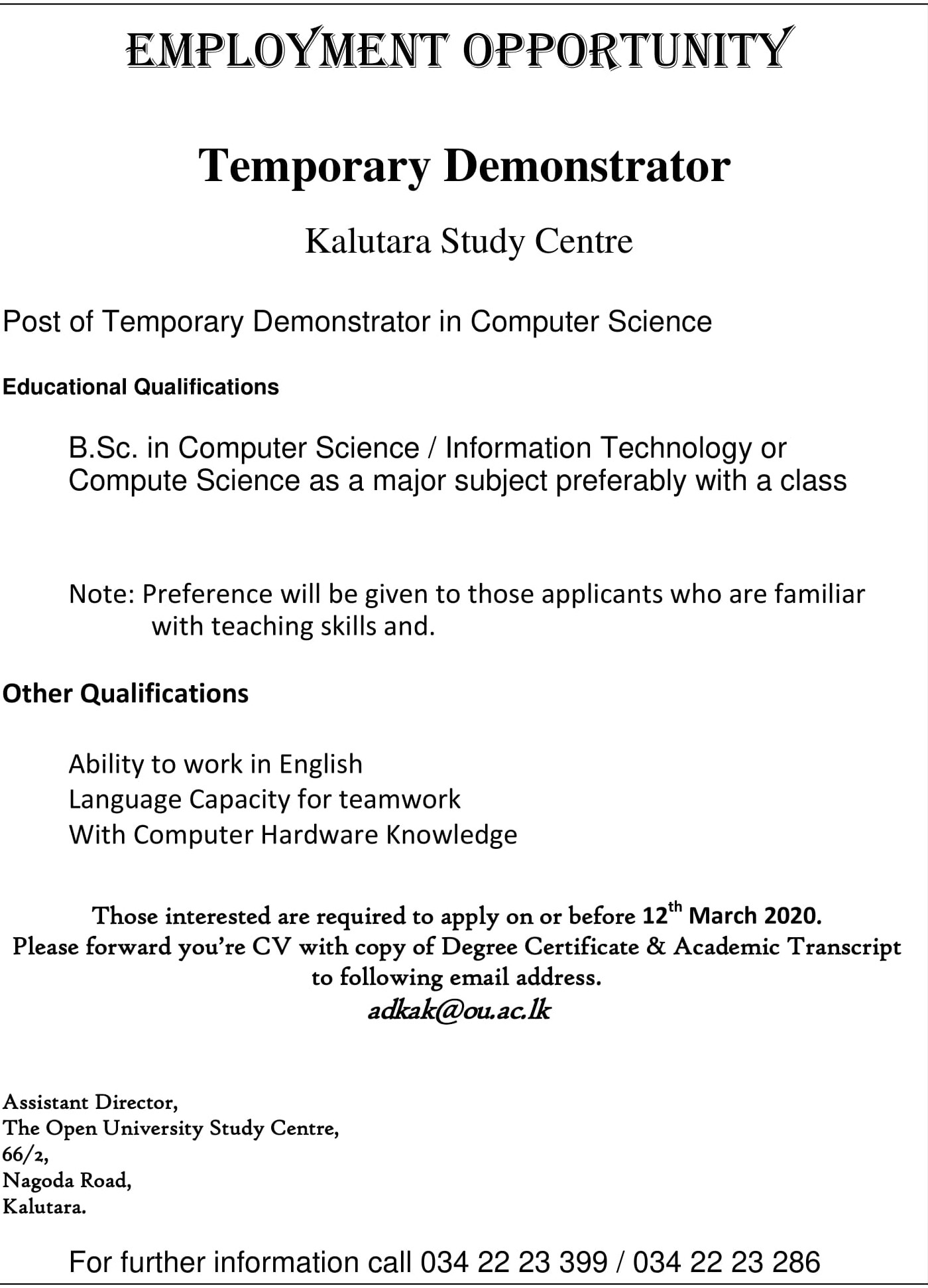 Demonstrator - Open University of Sri Lanka