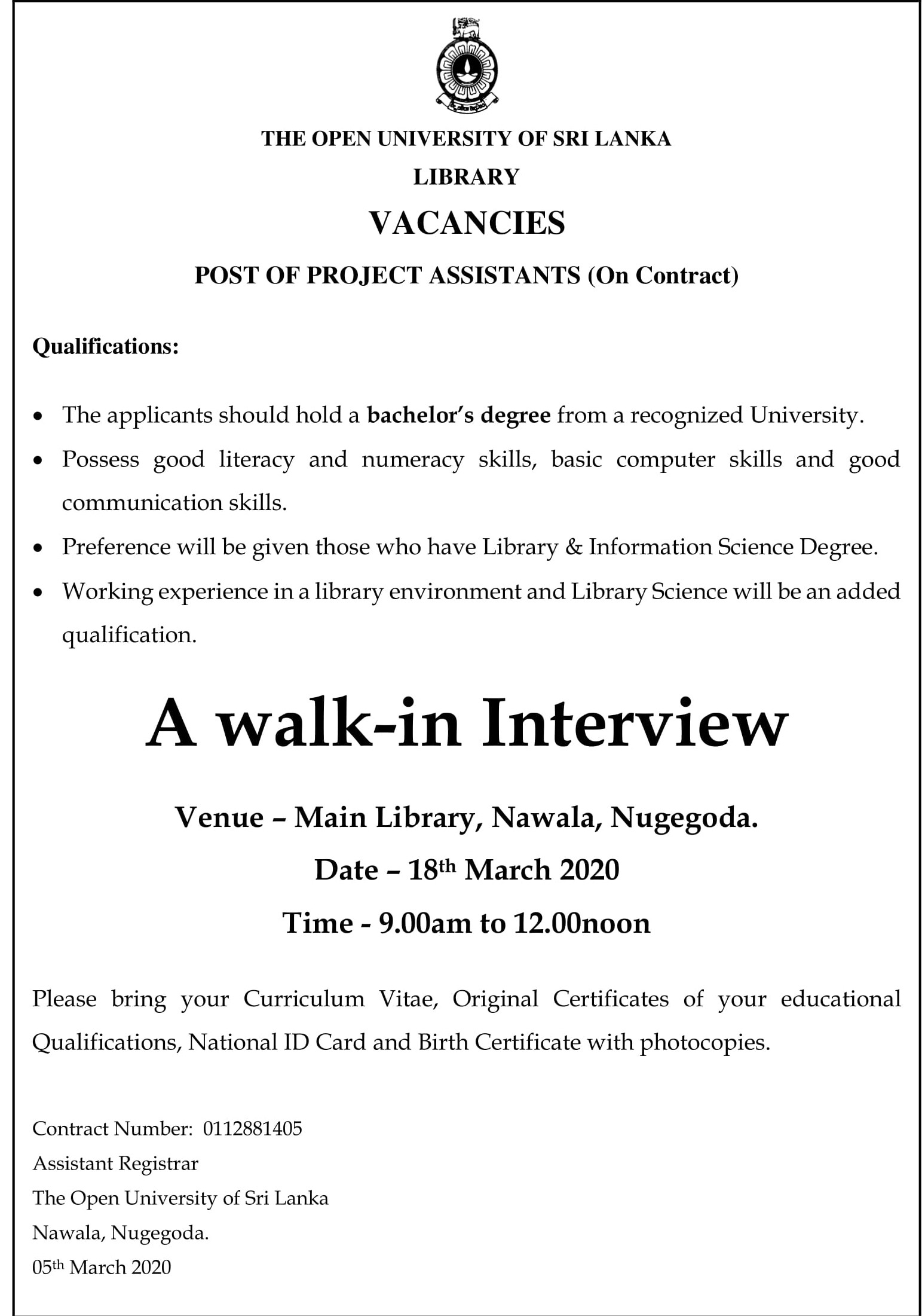 Project Assistant - Open University of Sri Lanka