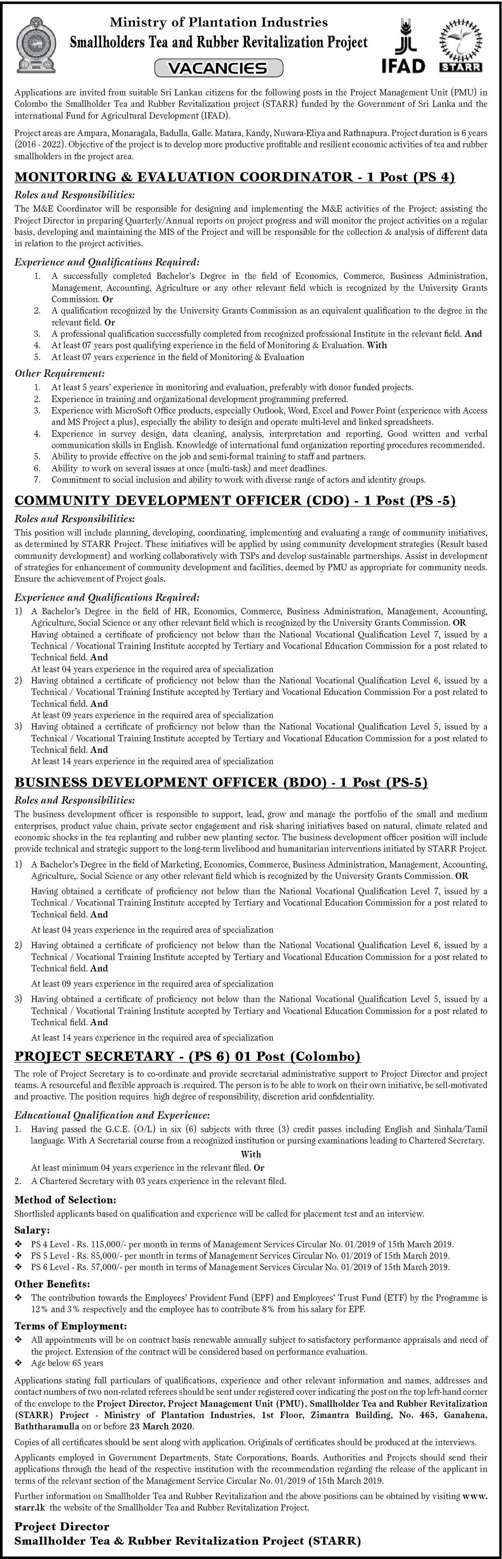 Community Development Officer, Business Development Officer, Project Secretary, Monitoring & Evaluation Coordinator - Ministry of Plantation Industries