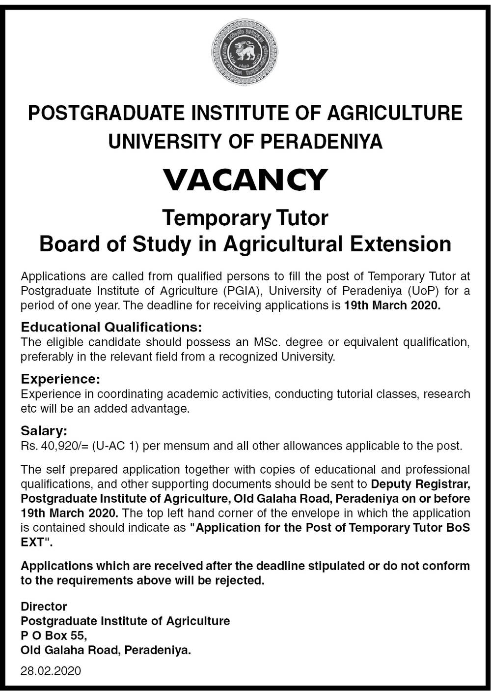 Tutor - University of Peradeniya