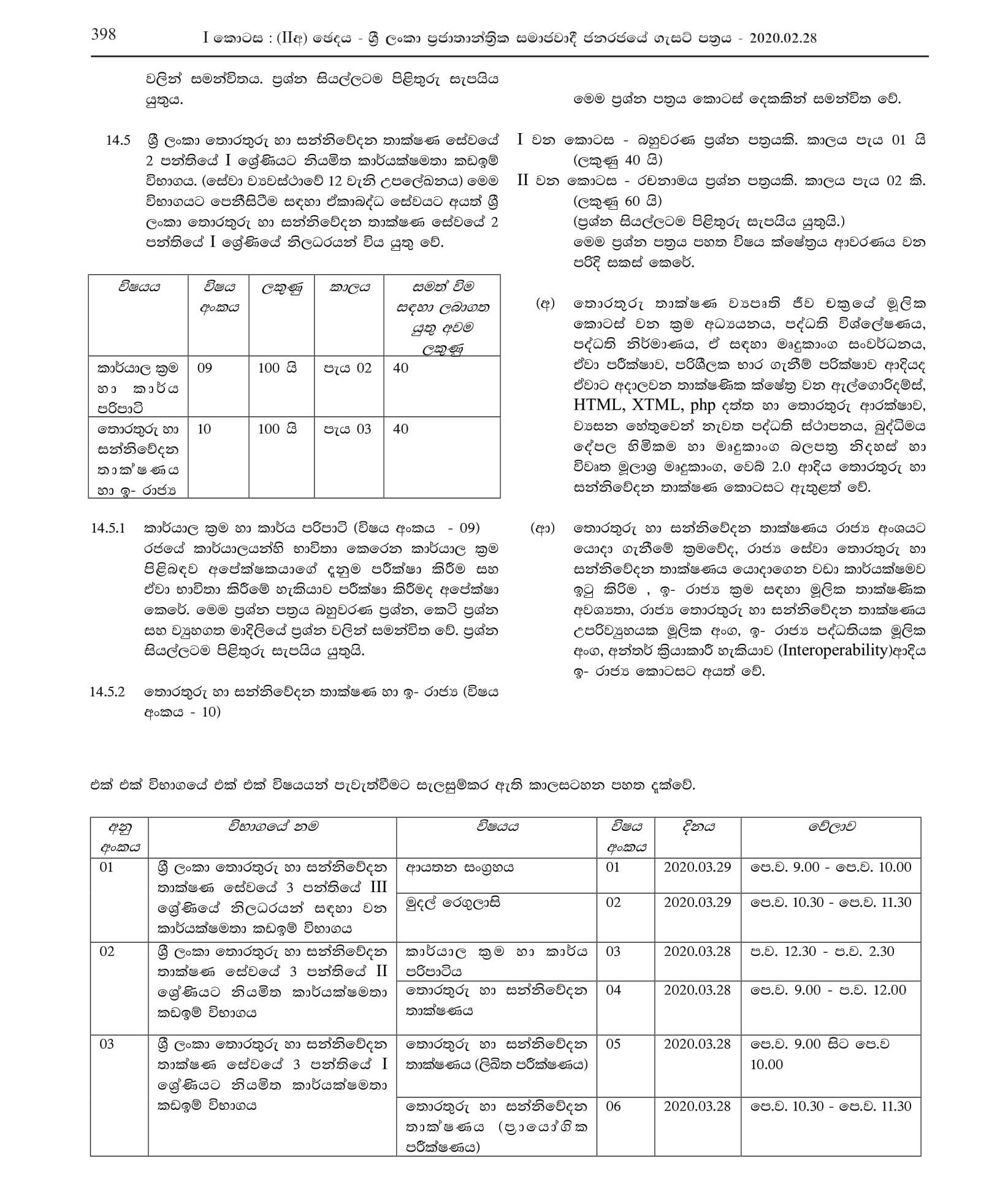 Efficiency Bar Examinations for Officers in Grade III of Class 3, Grade II of Class 3, Grade I of Class 3, Grade II of Class 2 and Grade I of Class 2 of Sri Lanka Information and Communication Technology Service - 2018(1) 2020