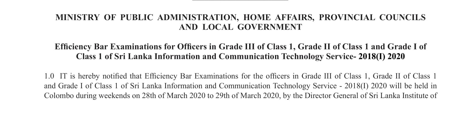 Efficiency Bar Examinations for Officers in Grade III of Class 1, Grade II of Class 1 and Grade I of Class 1 of Sri Lanka Information and Communication Technology Service - 2018(I) 2020