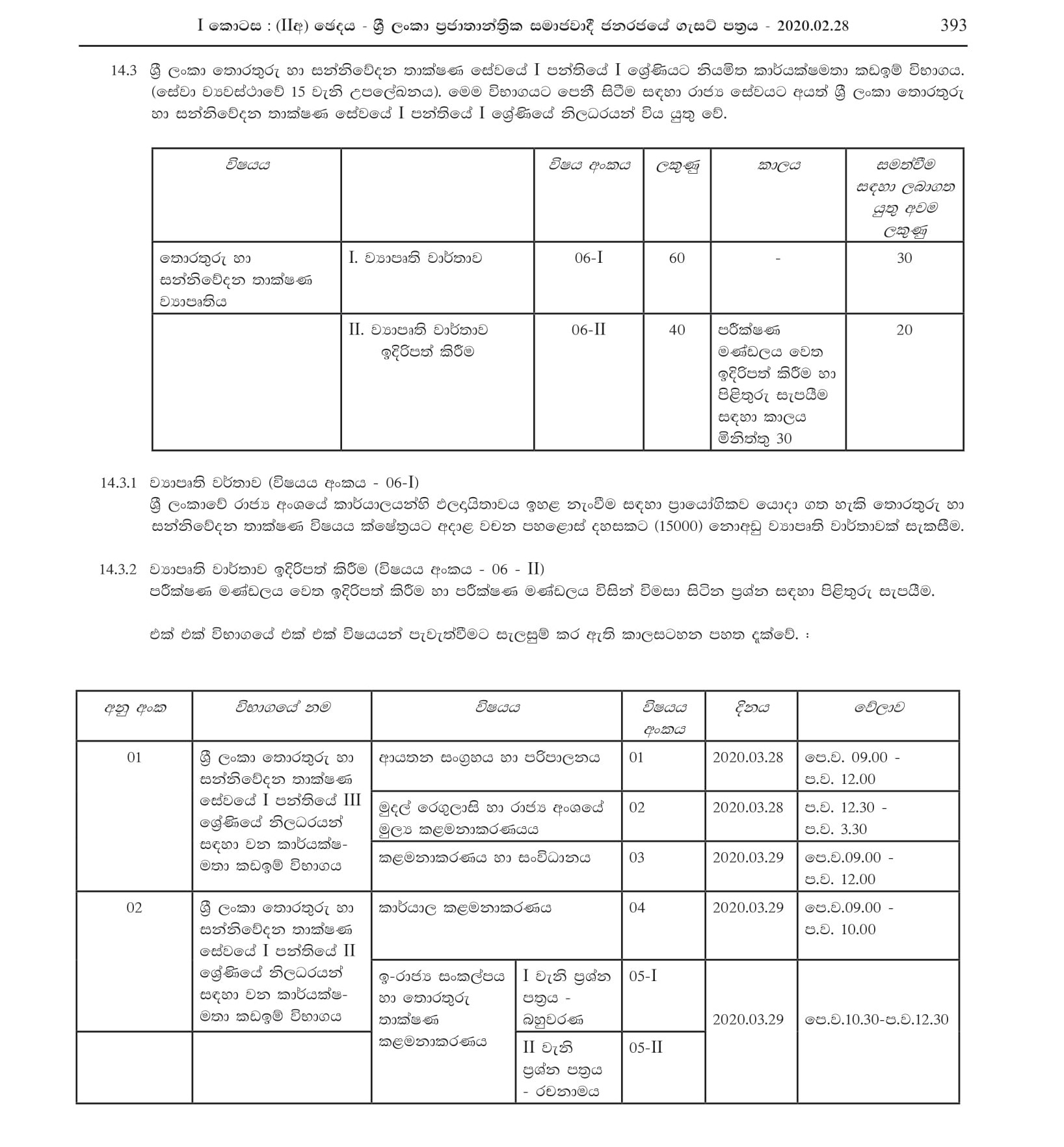 Efficiency Bar Examinations for Officers in Grade III of Class 1, Grade II of Class 1 and Grade I of Class 1 of Sri Lanka Information and Communication Technology Service - 2018(I) 2020