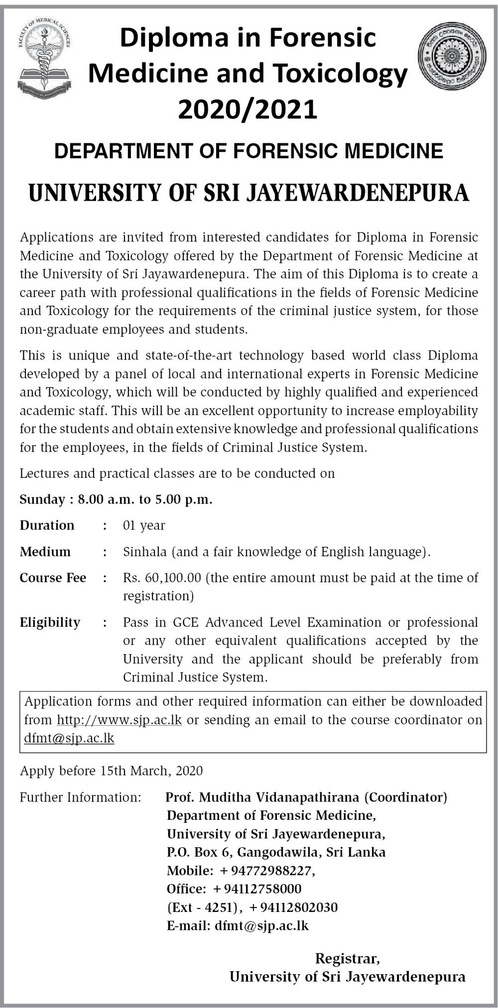 Diploma in Forensic Medicine & Toxicology (2020/2021) - Department of Forensic Medicine - University of Sri Jayewardenepura