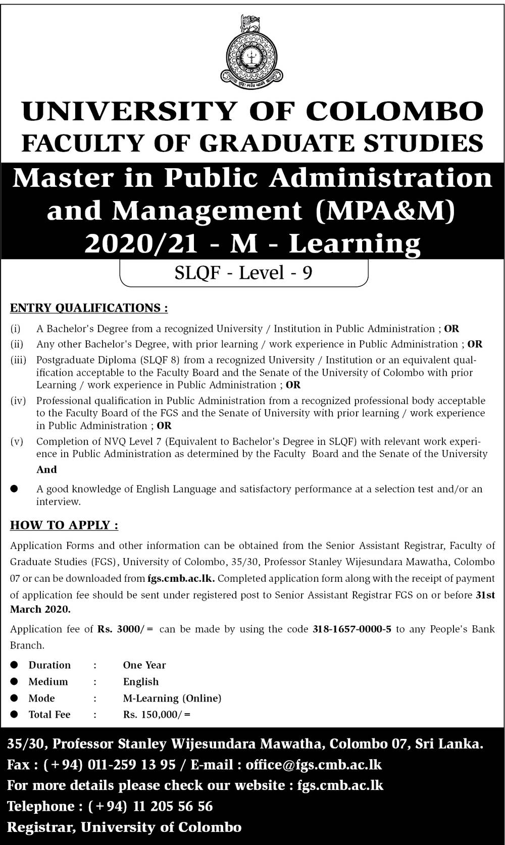 Master in Public Administration & Management - Faculty of Graduate Studies - University of Colombo