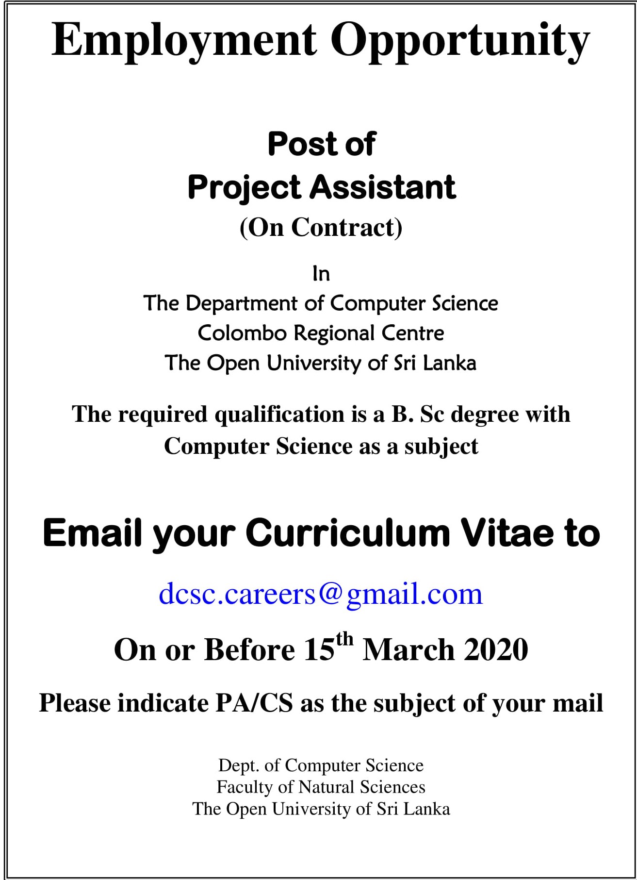 Project Assistant, Lecturer - Open University of Sri Lanka