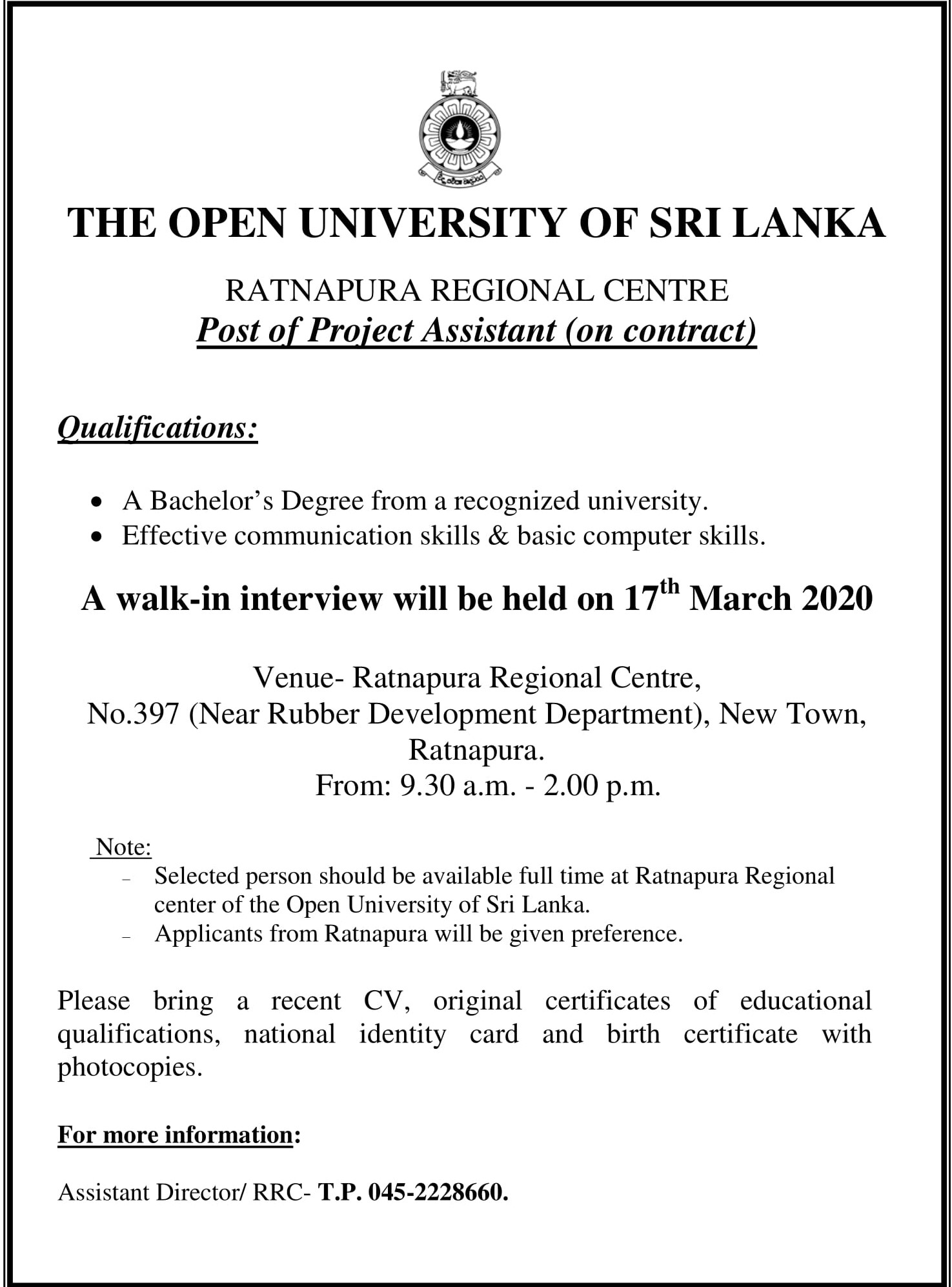 Project Assistant - Open University of Sri Lanka