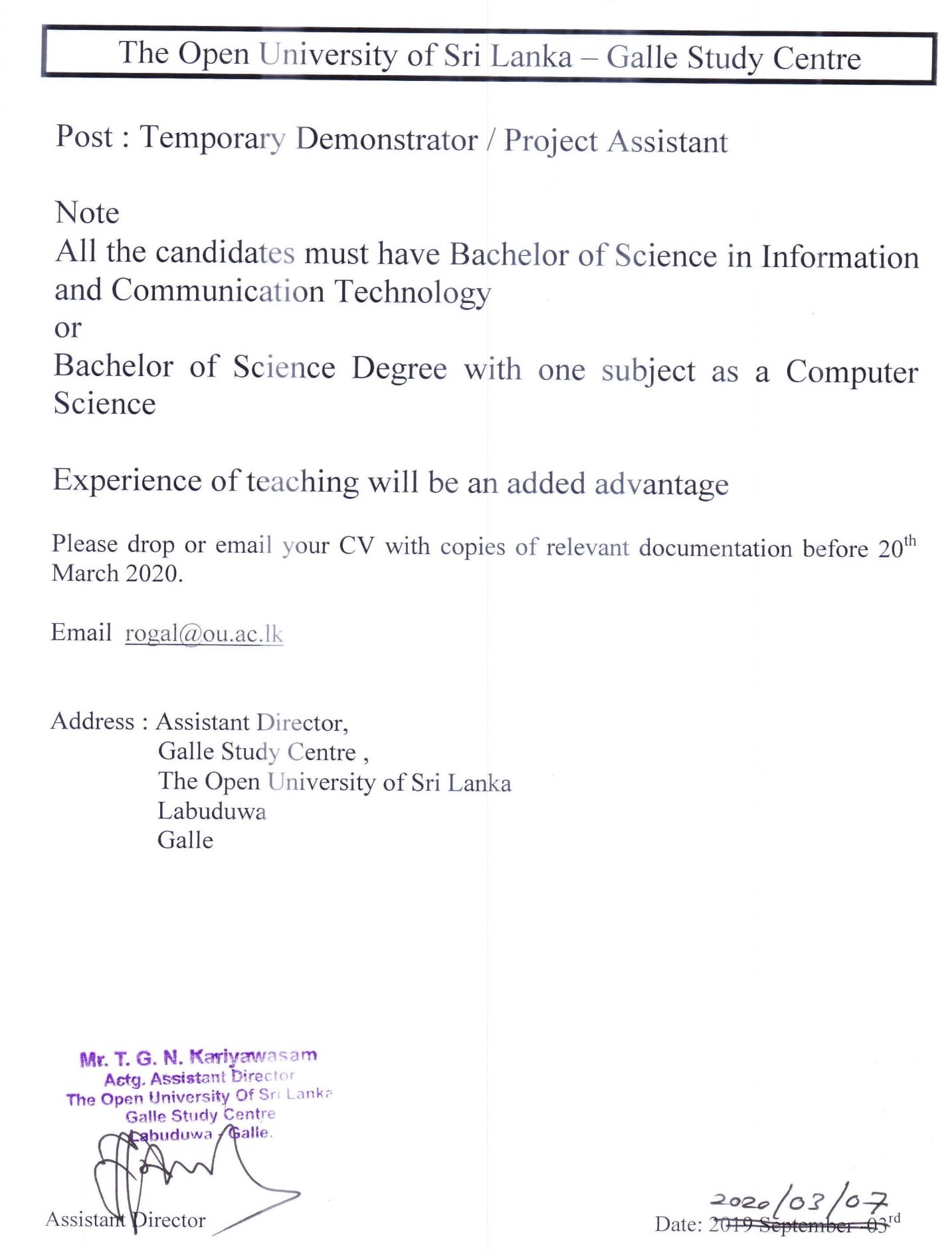 Demonstrator, Project Assistant - Open University of Sri Lanka