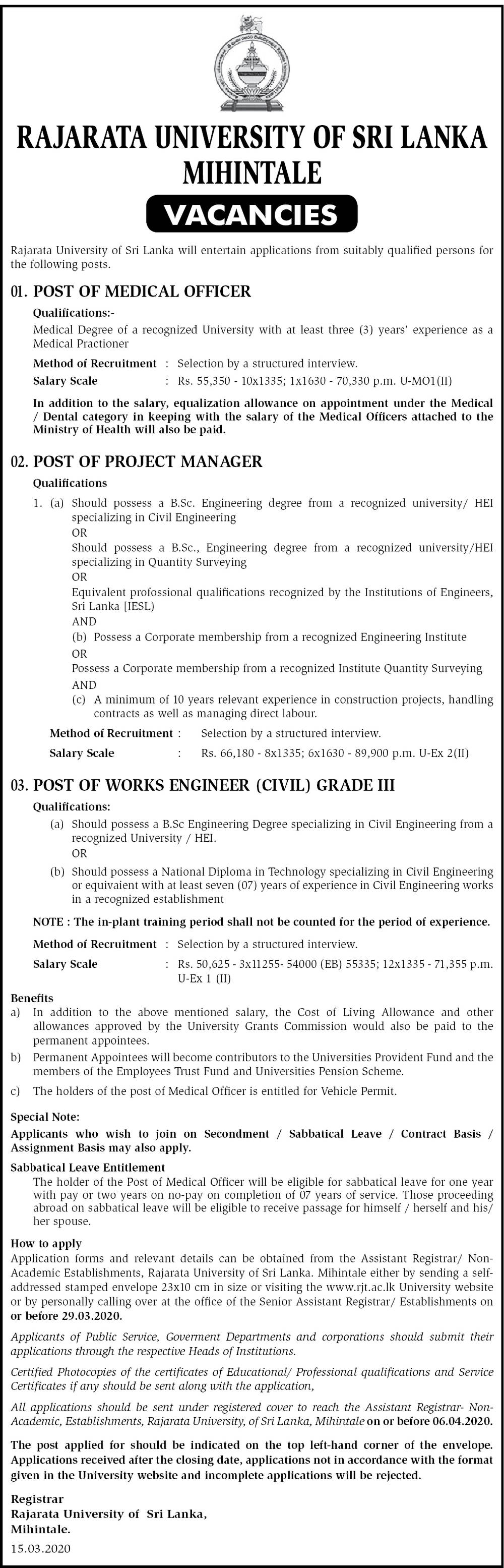 Medical Officer, Project Manager, Works Engineer (Civil) - Rajarata University of Sri Lanka