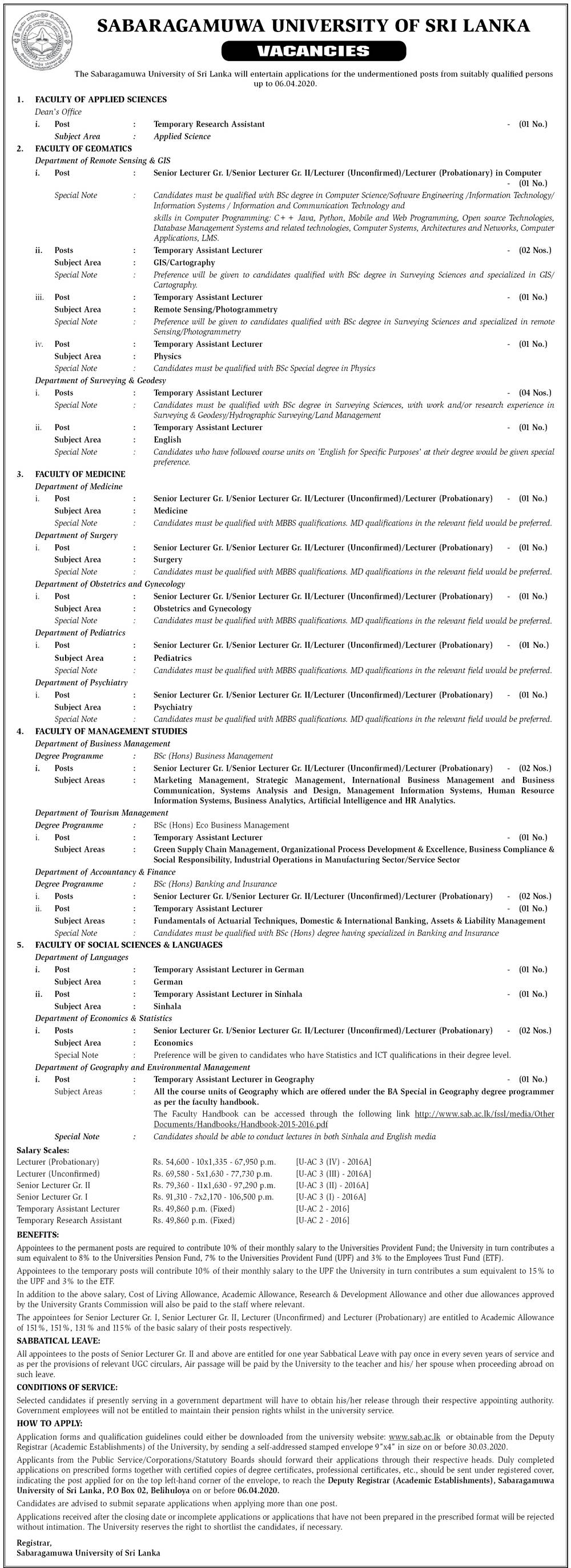 Research Assistant, Senior Lecturer, Lecturer, Assistant Lecturer - University of Sabaragamuwa