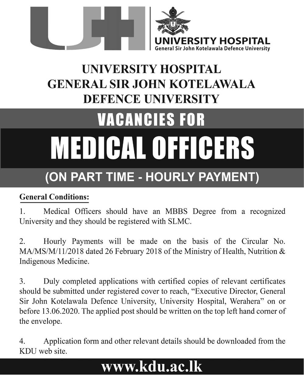 Medical Officer - University Hospital - General Sir John Kotelawala Defence University