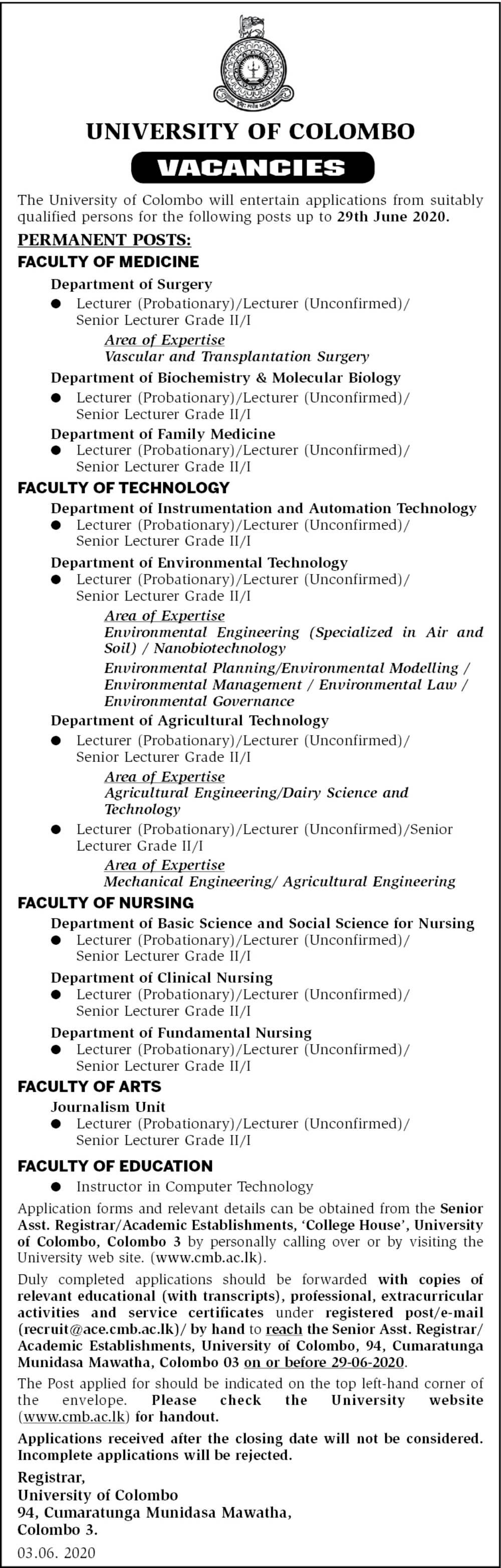 Senior Lecturer, Lecturer, Instructor in Computer Technology - University of Colombo