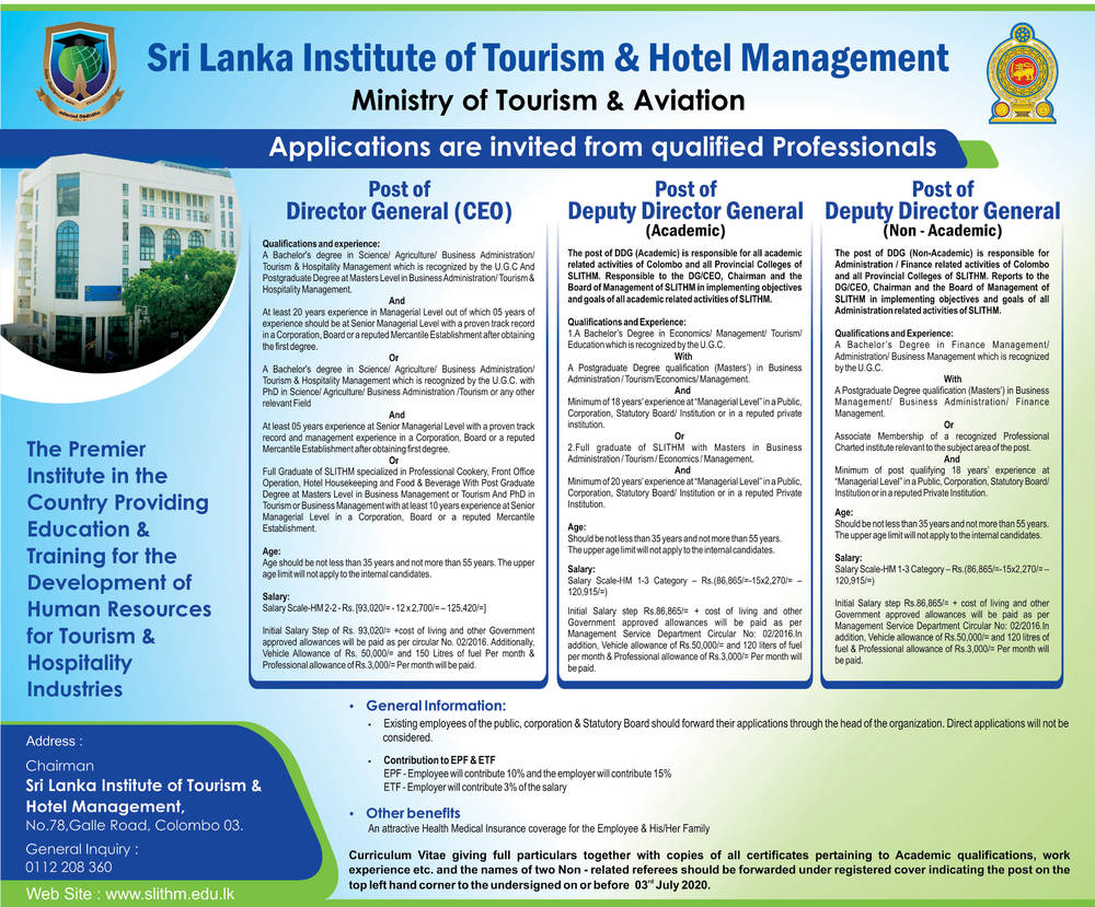 Director General, Deputy Director General - Sri Lanka Institute of Tourism & Hotel Management