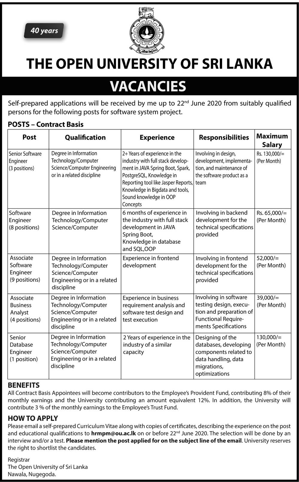 Software Engineer, Associate Business Analyst, Senior Database Engineer - The Open University of Sri Lanka