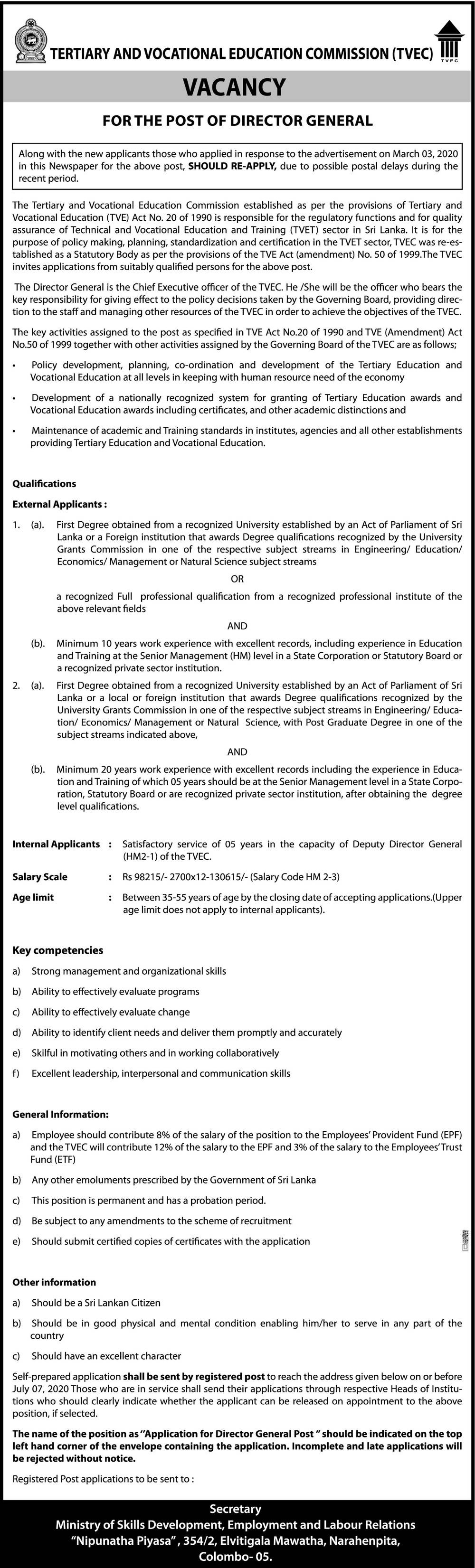 Director General - Tertiary & Vocational Education Commission