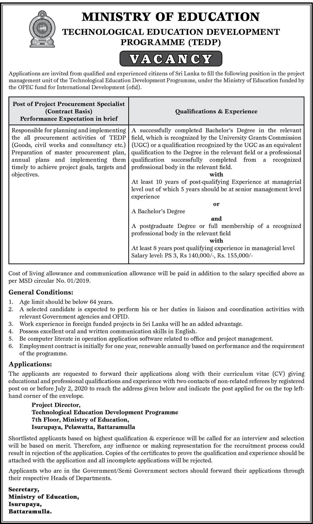 Project Procurement Specialist - Ministry of Education