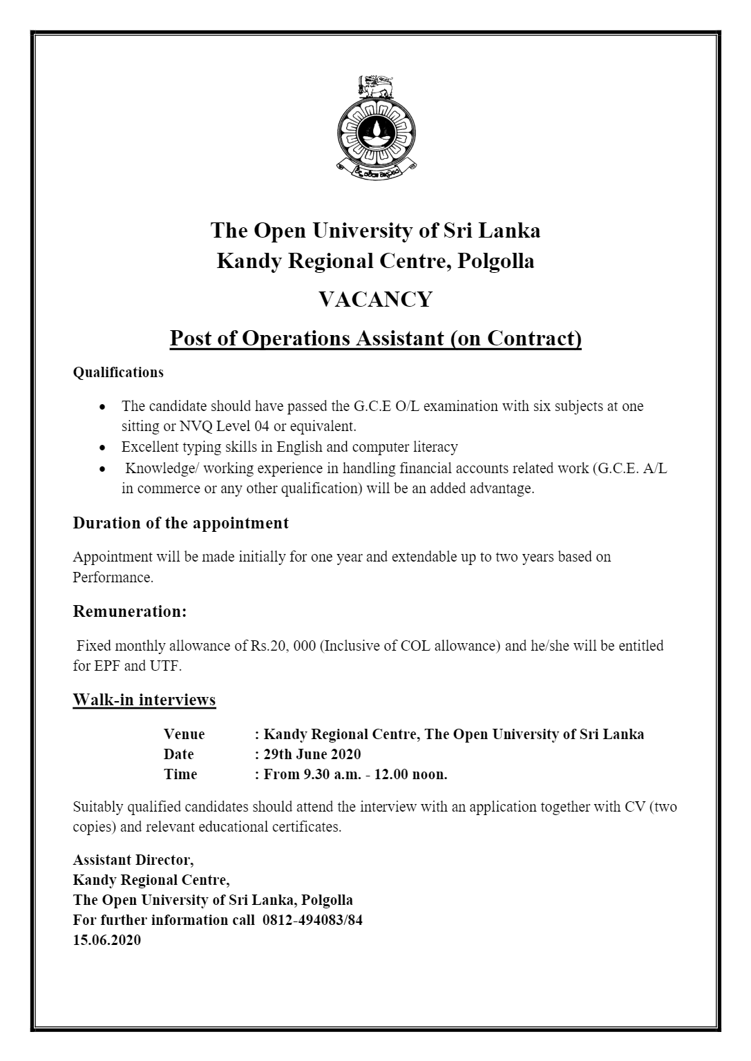 Project Assistant, Operation Assistant - The Open University of Sri Lanka 