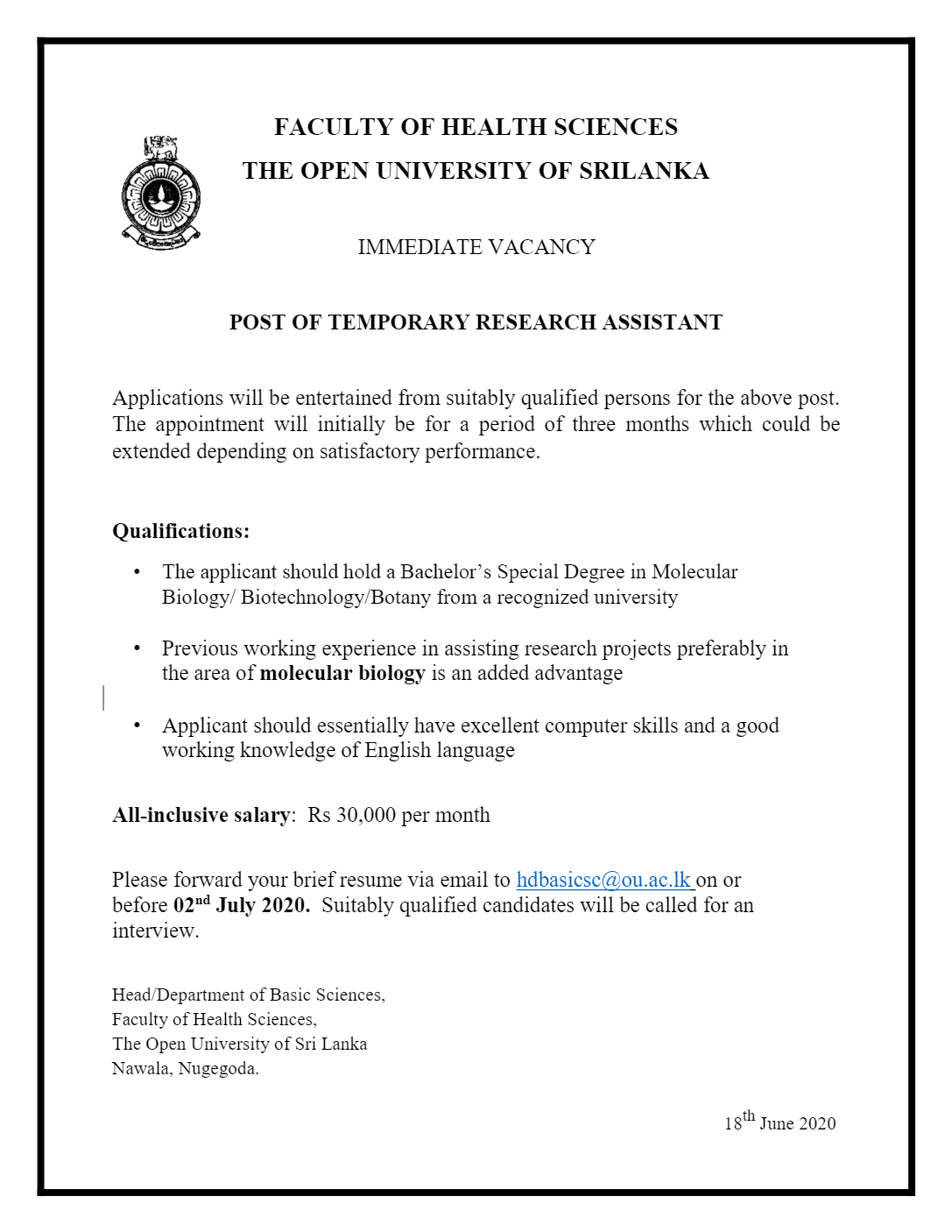 Research Assistant - The Open University of Sri Lanka 