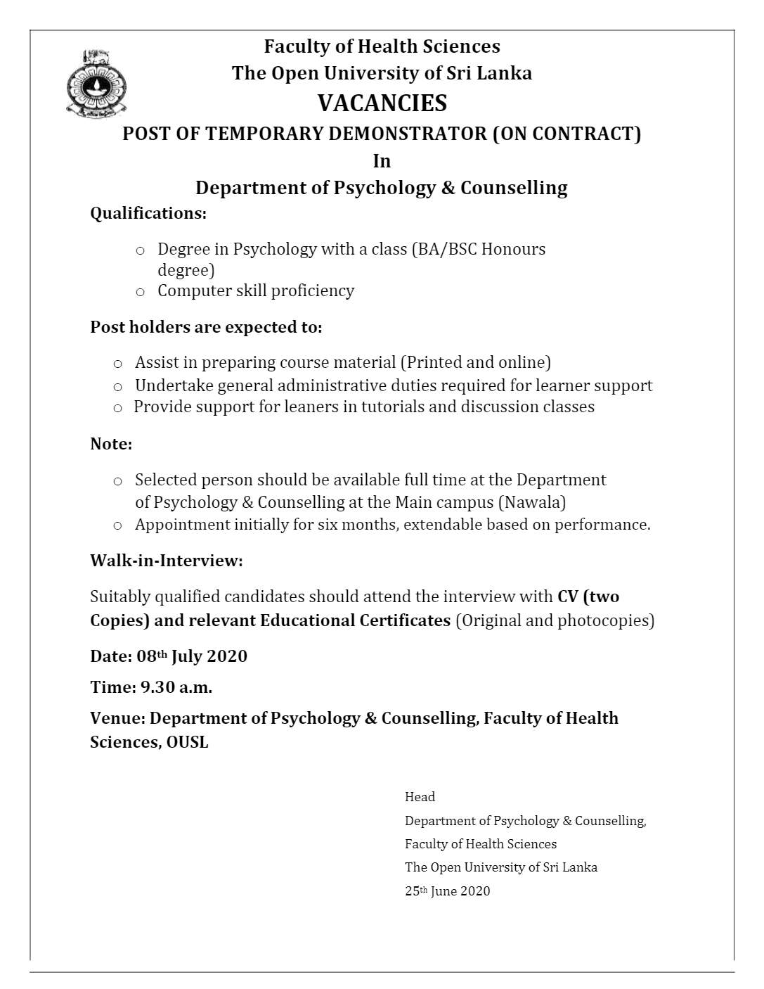 Demonstrator - The Open University of Sri Lanka 