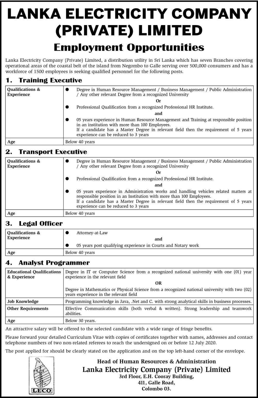 Training Executive, Transport Executive, Legal Officer, Analyst Programmer - Lanka Electricity Company (Pvt) Ltd