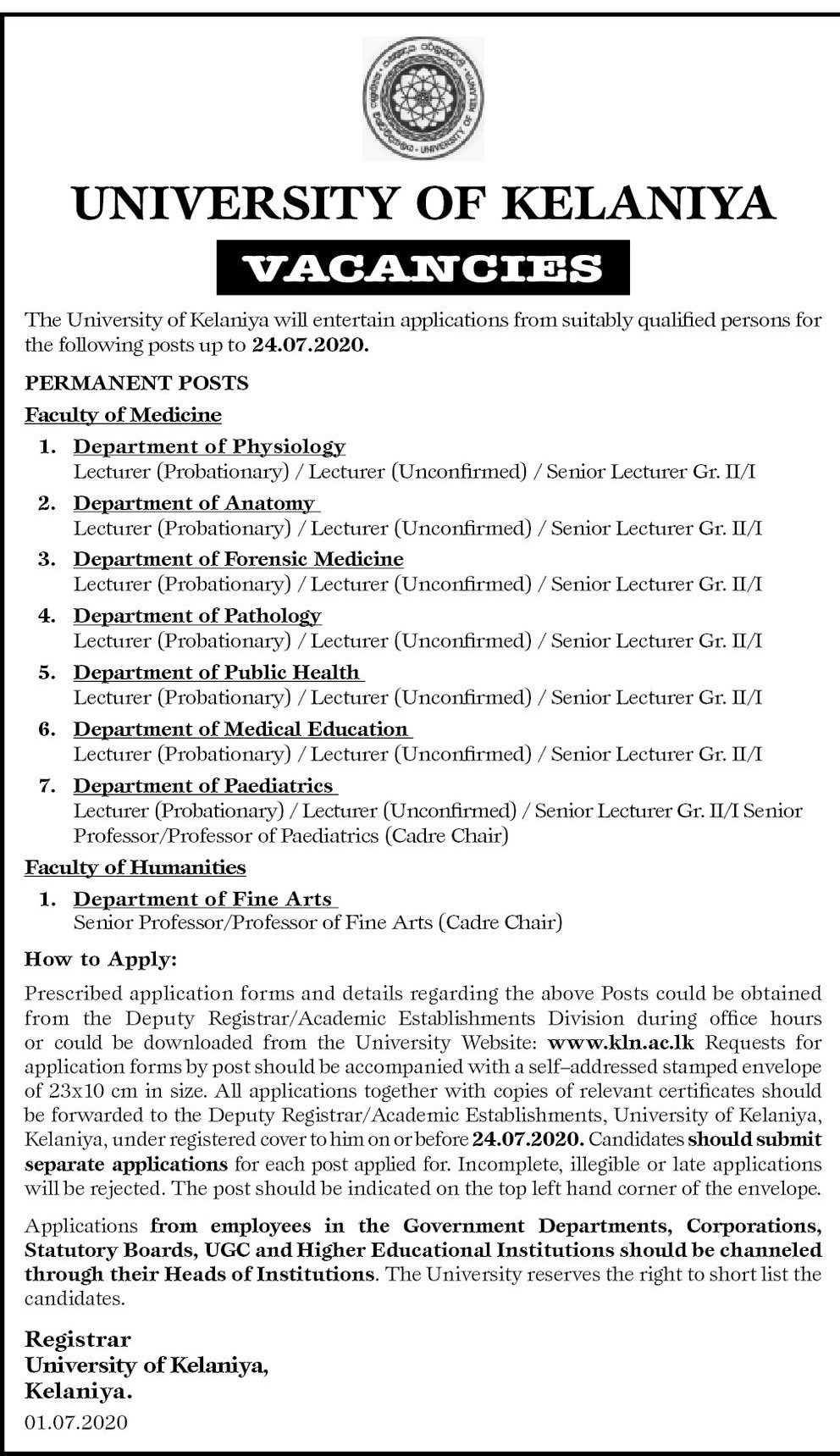 Senior Professor, Professor, Senior Lecturer, Lecturer - University of Kelaniya