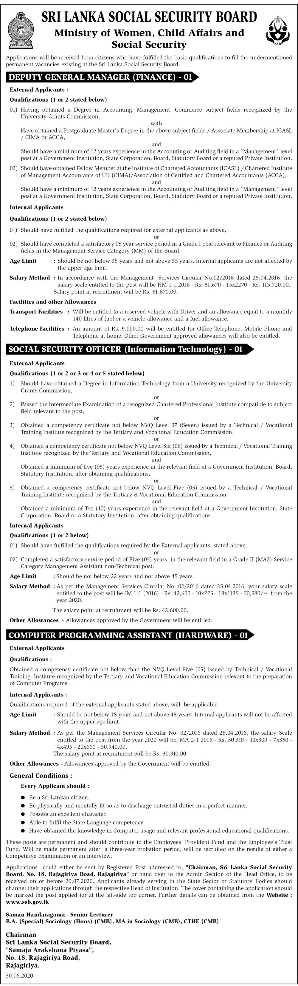 Social Security Officer (Information Technology), Computer Programming Assistant (Hardware), Deputy General Manager (Finance) - Sri Lanka Social Security Board