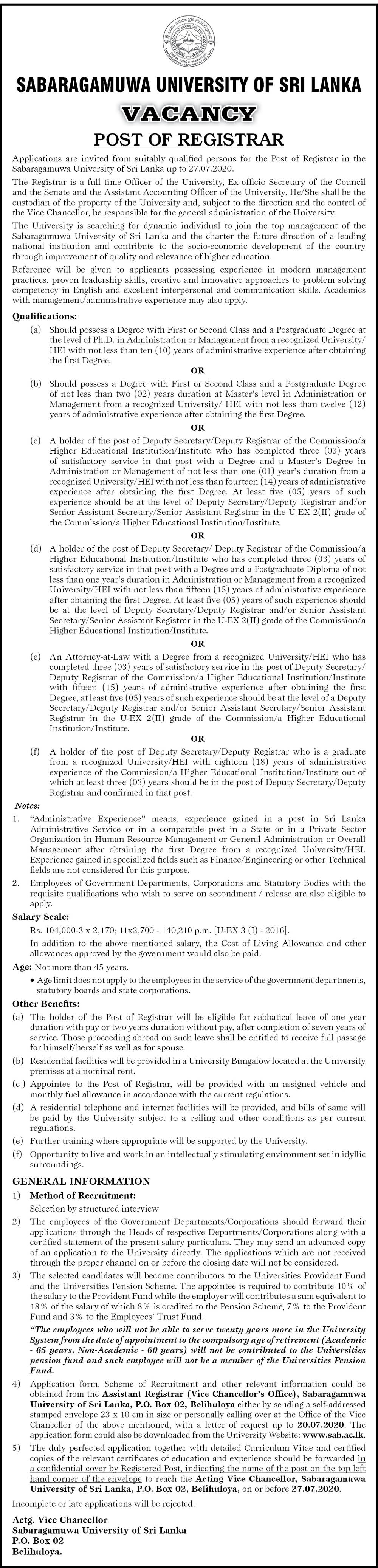 Registrar - Sabaragamuwa University of Sri Lanka