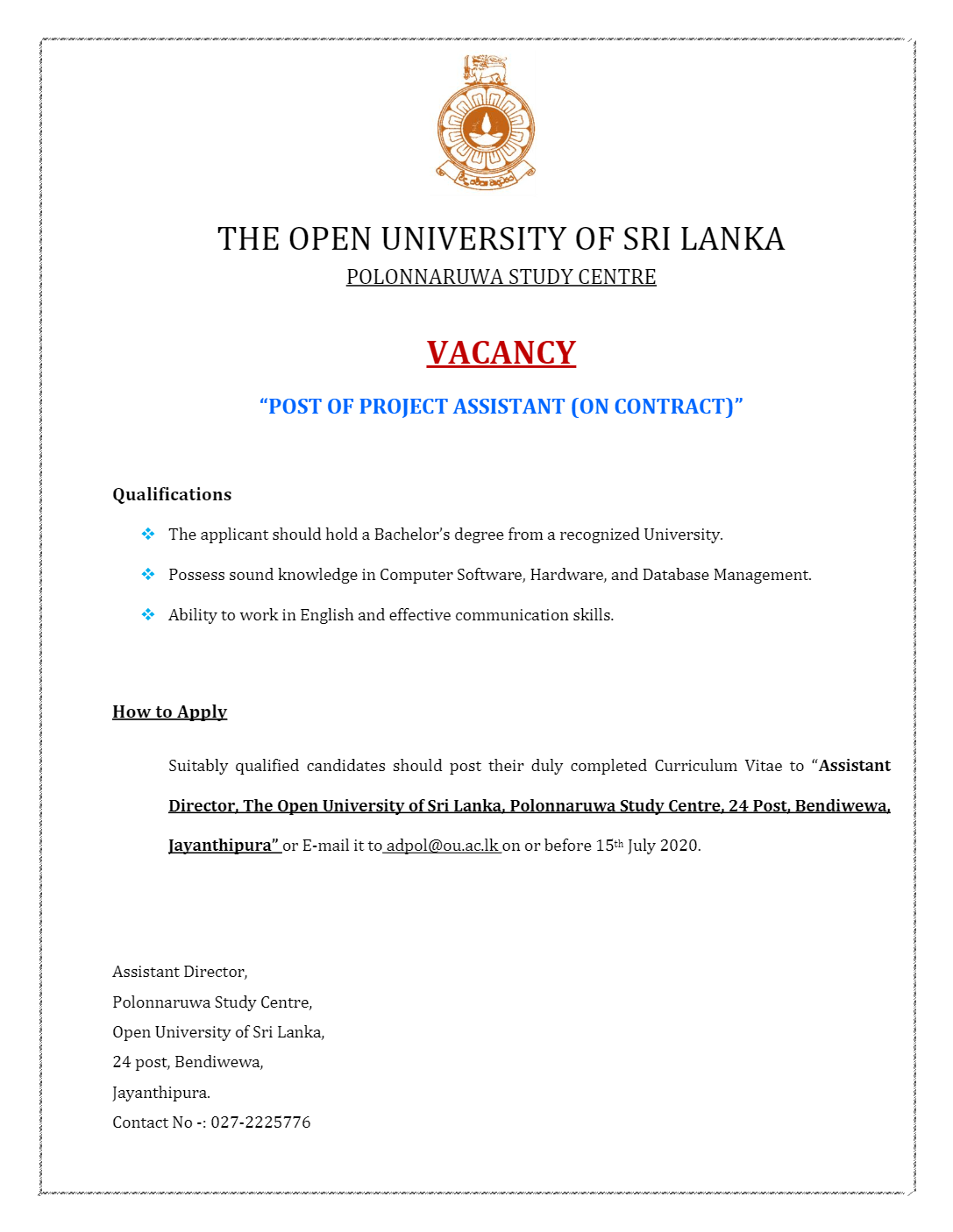 Project Assistant - The Open University of Sri Lanka