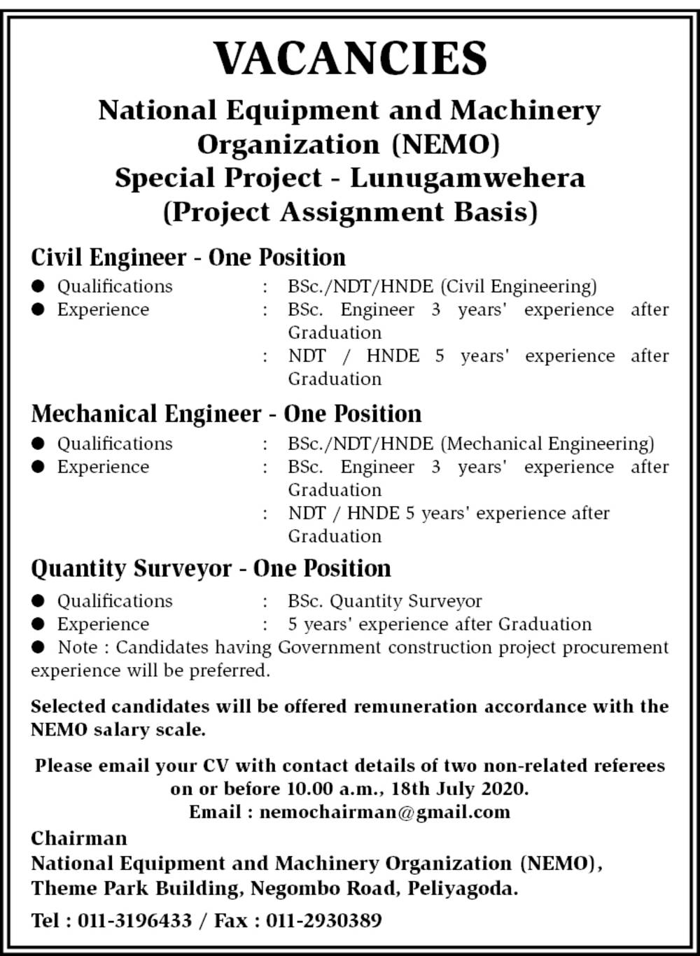 Civil Engineer, Mechanical Engineer, Quantity Surveyor - National Equipment & Machinery Organization