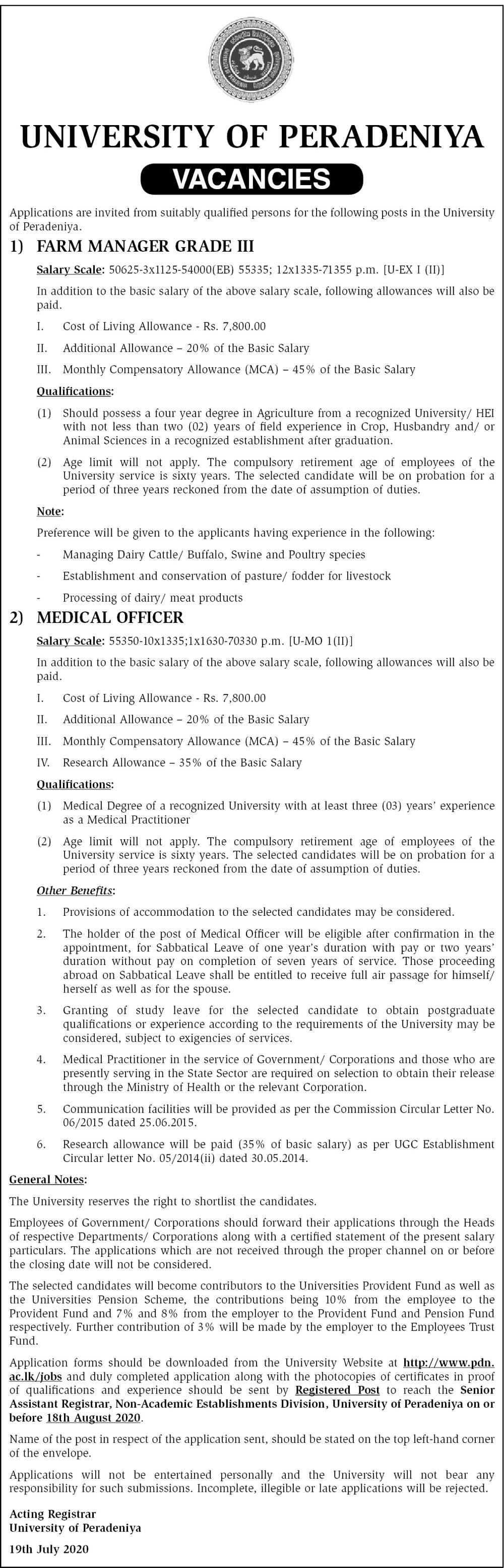 Farm Manager, Medical Officer - University of Peradeniya