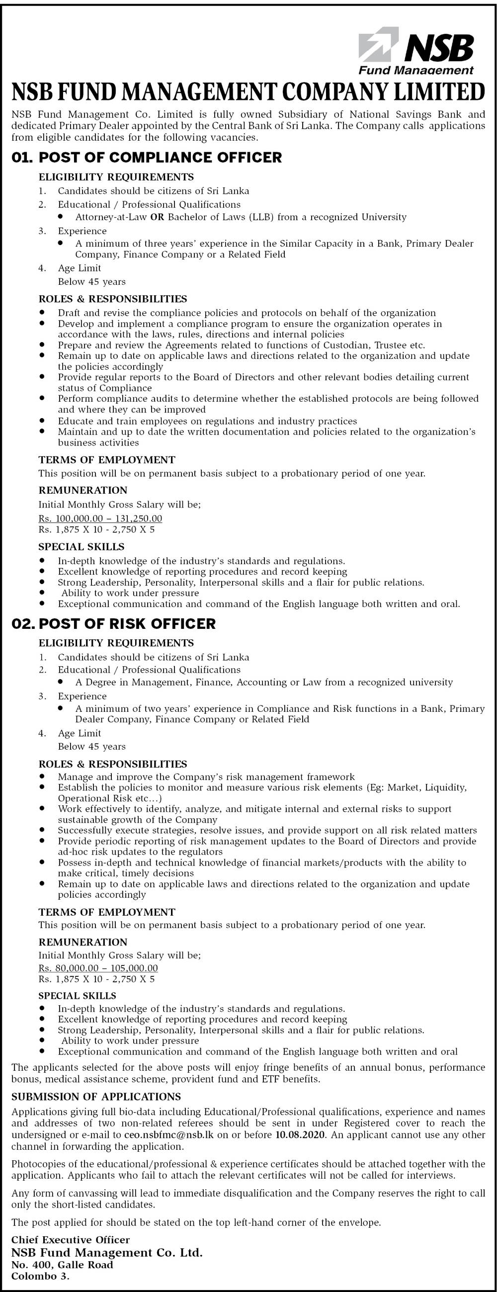 Compliance Officer, Risk Officer - NSB Fund Management Company Ltd