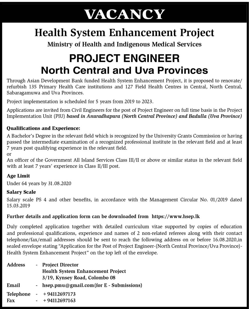 Project Engineer - Ministry of Health & Indigenous Medical Services