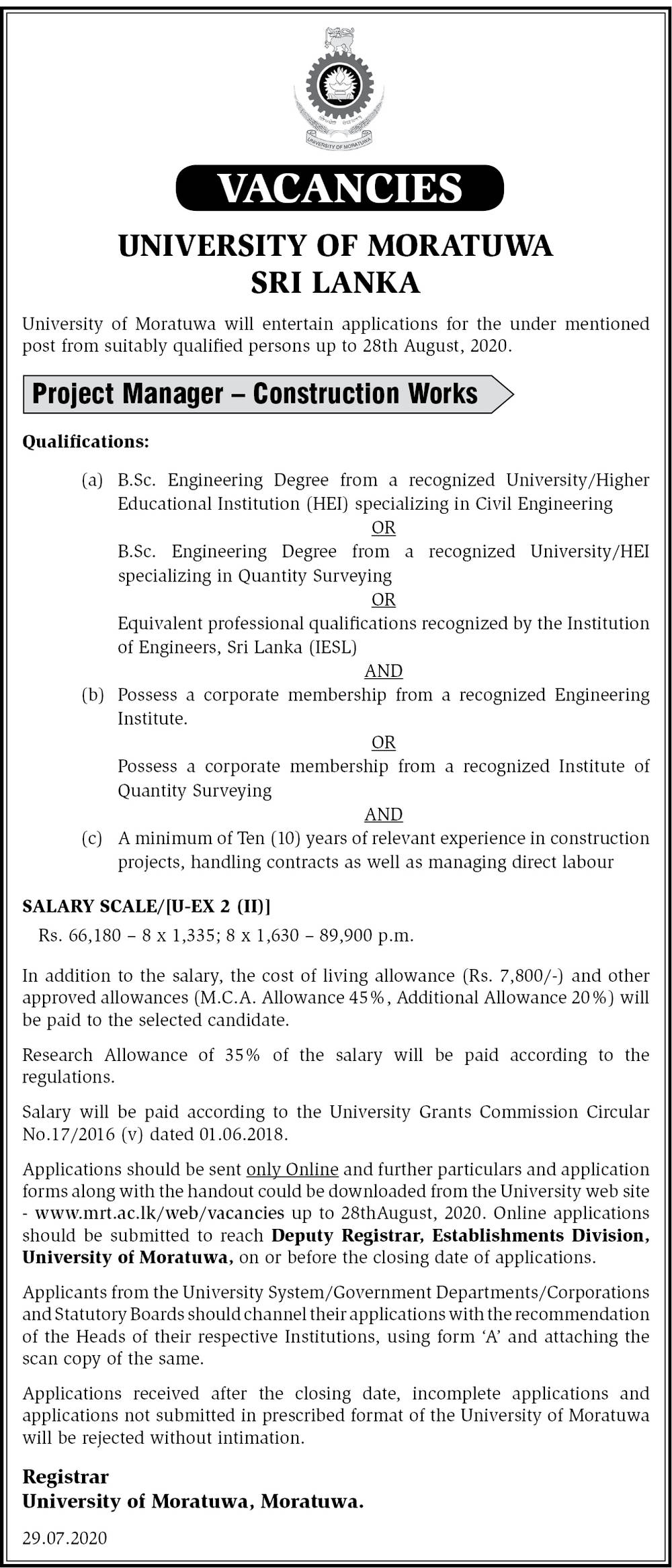 Project Manager (Construction Works) - University of Moratuwa