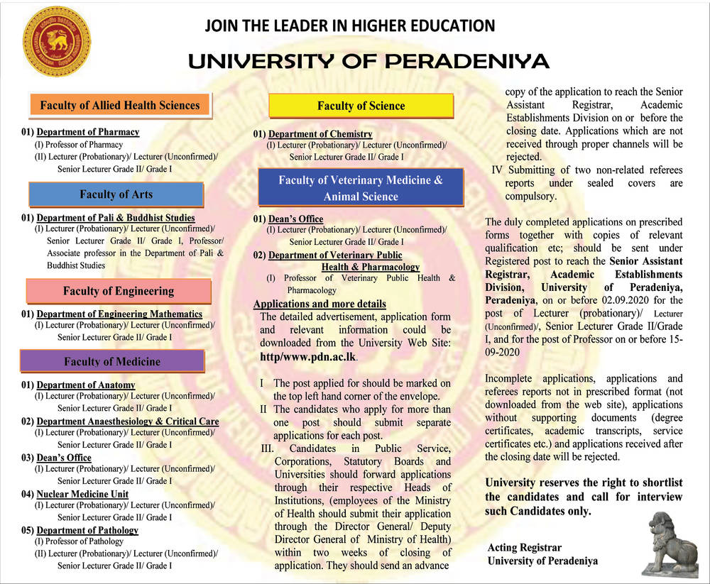 Professor, Senior Lecturer, Lecturer - University of Peradeniya