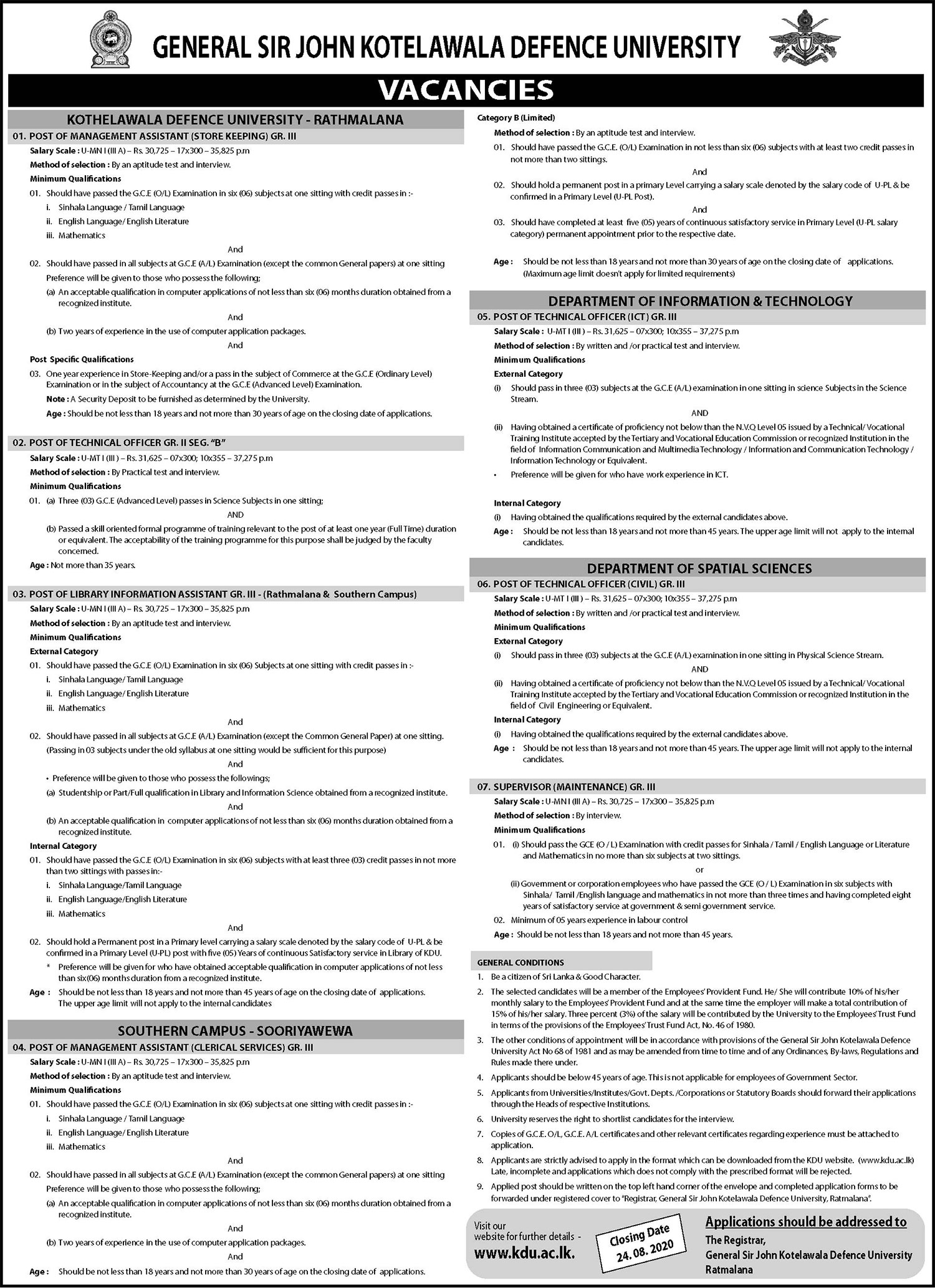 Management Assistant, Technical Officer, Library Information Assistant, Supervisor - General Sir John Kotelawala Defence University