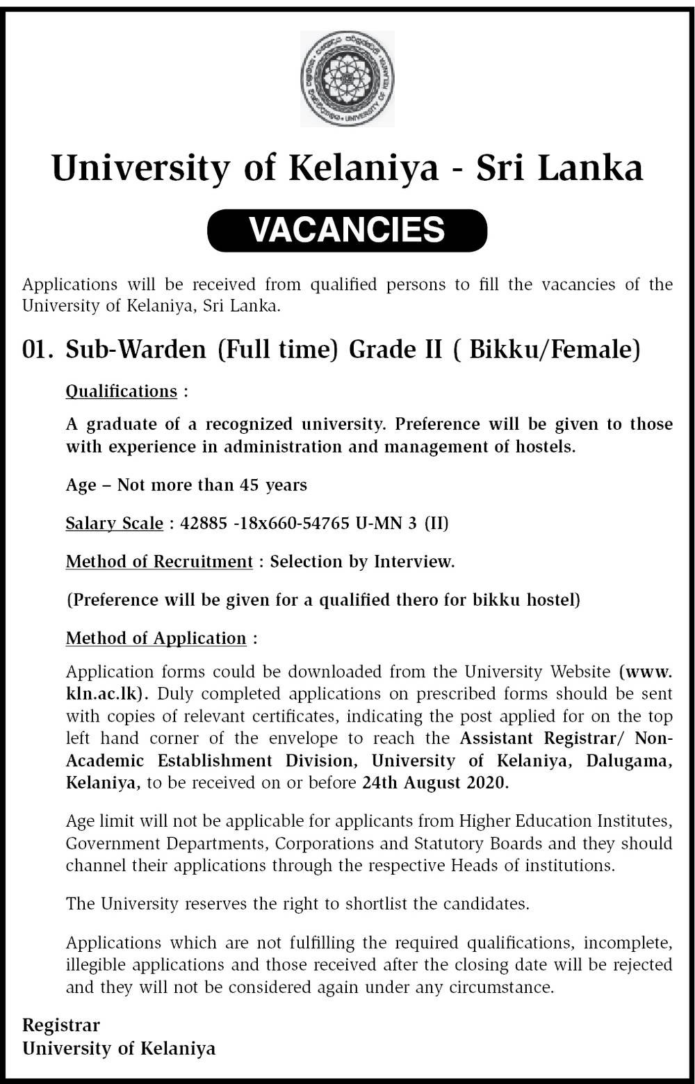 Sub Warden - University of Kelaniya