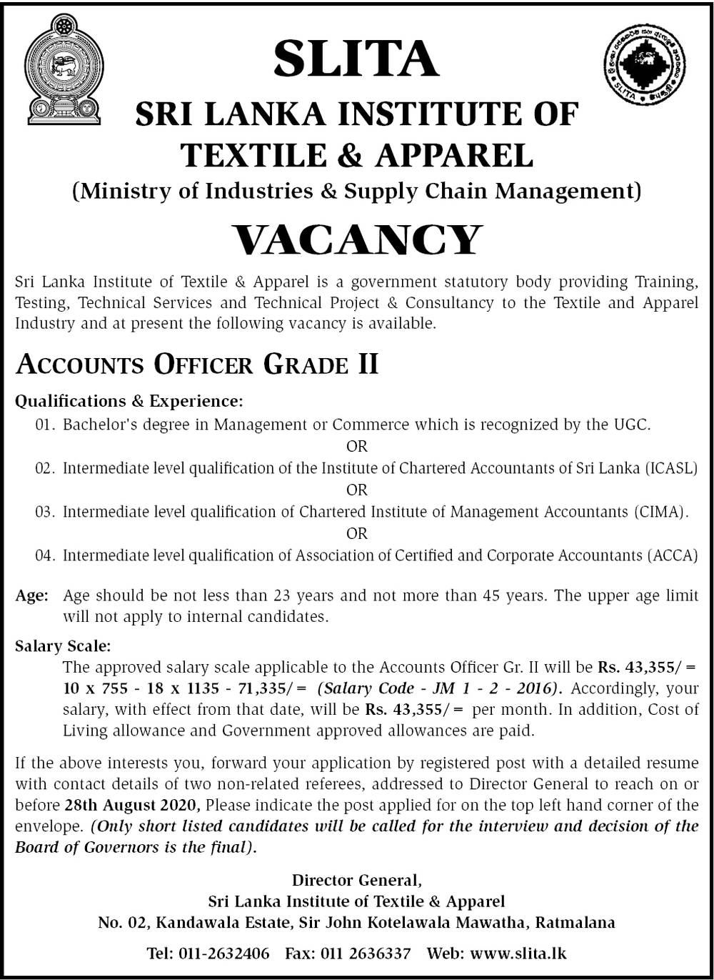 Accounts Officer - Sri Lanka Institute of Textile & Apparel