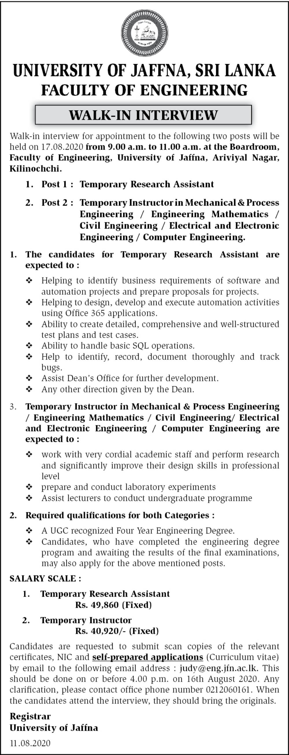 Research Assistant, Instructor - University of Jaffna