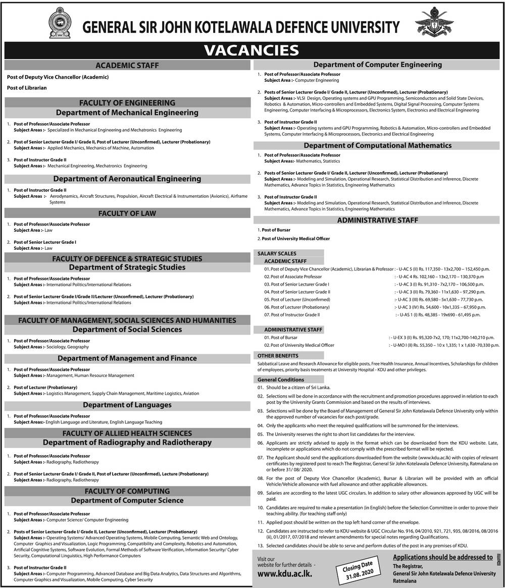 Deputy Vice Chancellor, Associate Professor, Senior Lecturer, Lecturer, Instructor, Bursar, University Medical Officer - General Sir John Kotelawala Defence University