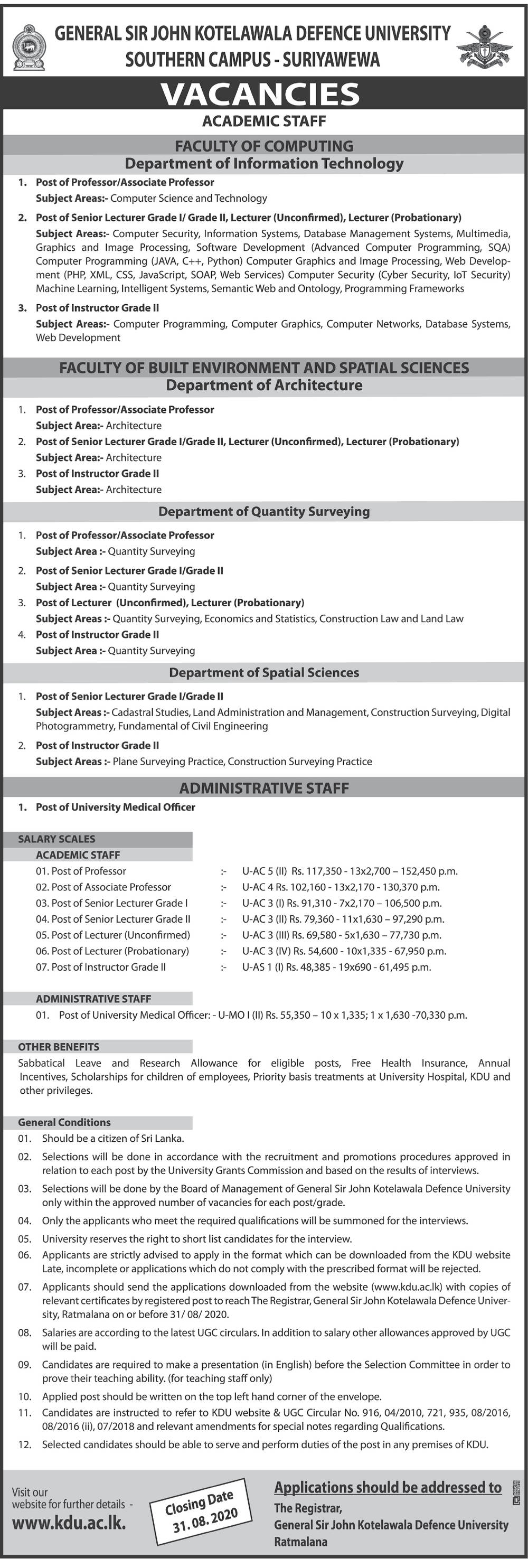 Professor, Senior Lecturer, Lecturer, Instructor, University Medical Officer - General Sir John Kotelawala Defence University